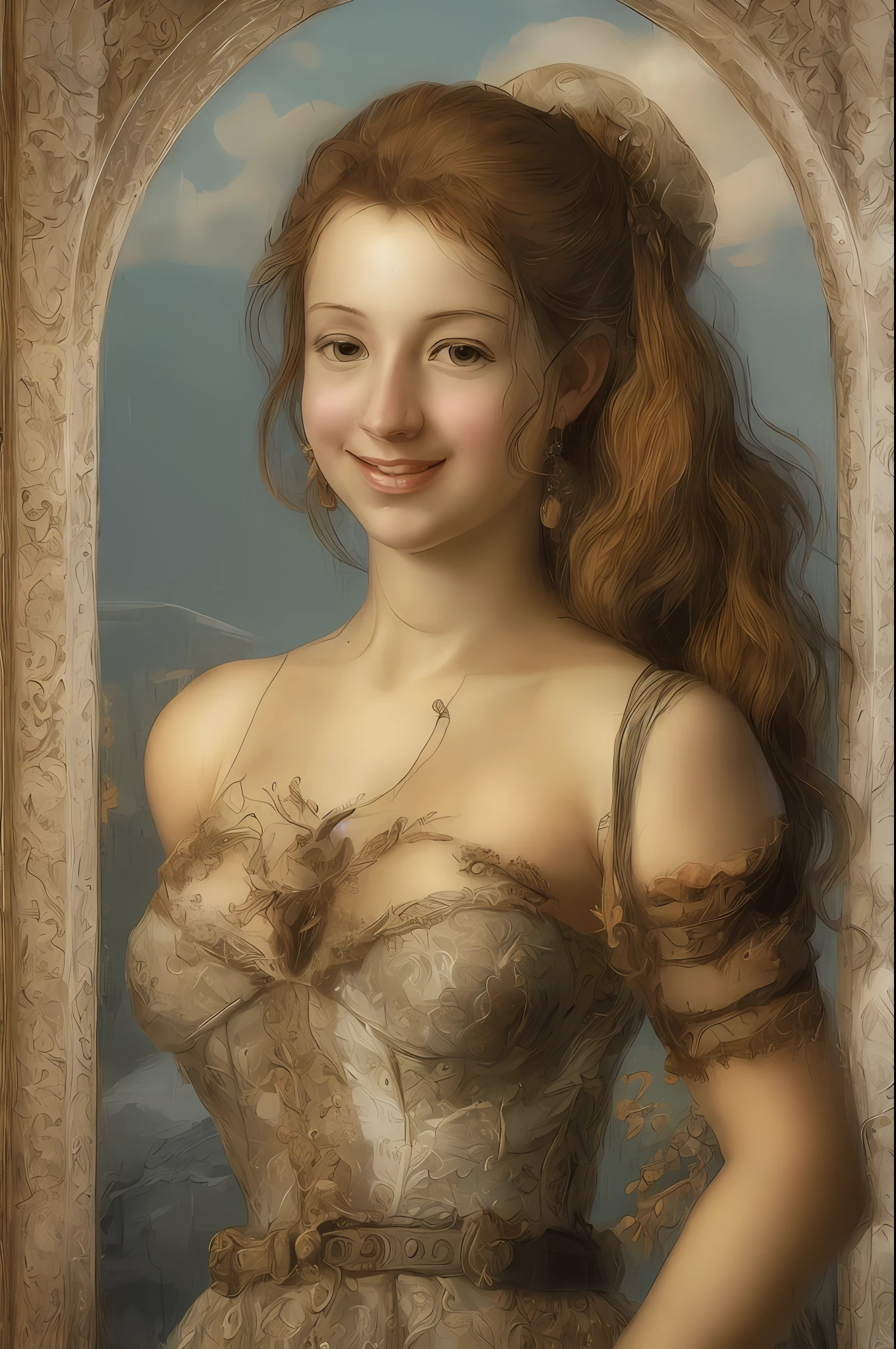 [beste-Qualit, tmasterpiece, extra high resolution, photo-realistic, in the style of pin-up, 1girl, off-shoulder, ssmile:20]Background, intricate Renaissance landscape, higly detailed, Impression:0.2