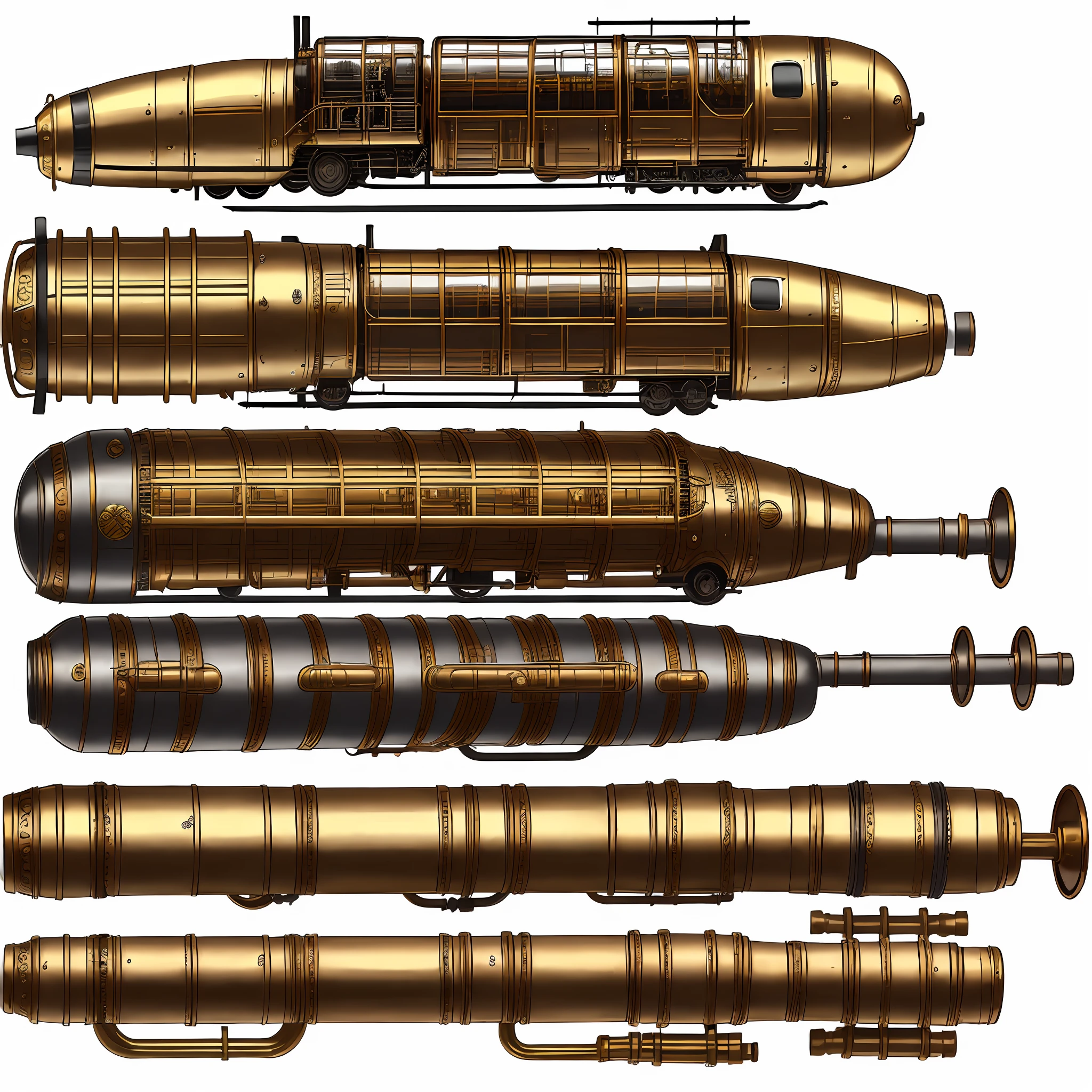 school bus、steampunc、from side view、brass、steel、Great photos of pipes、White background