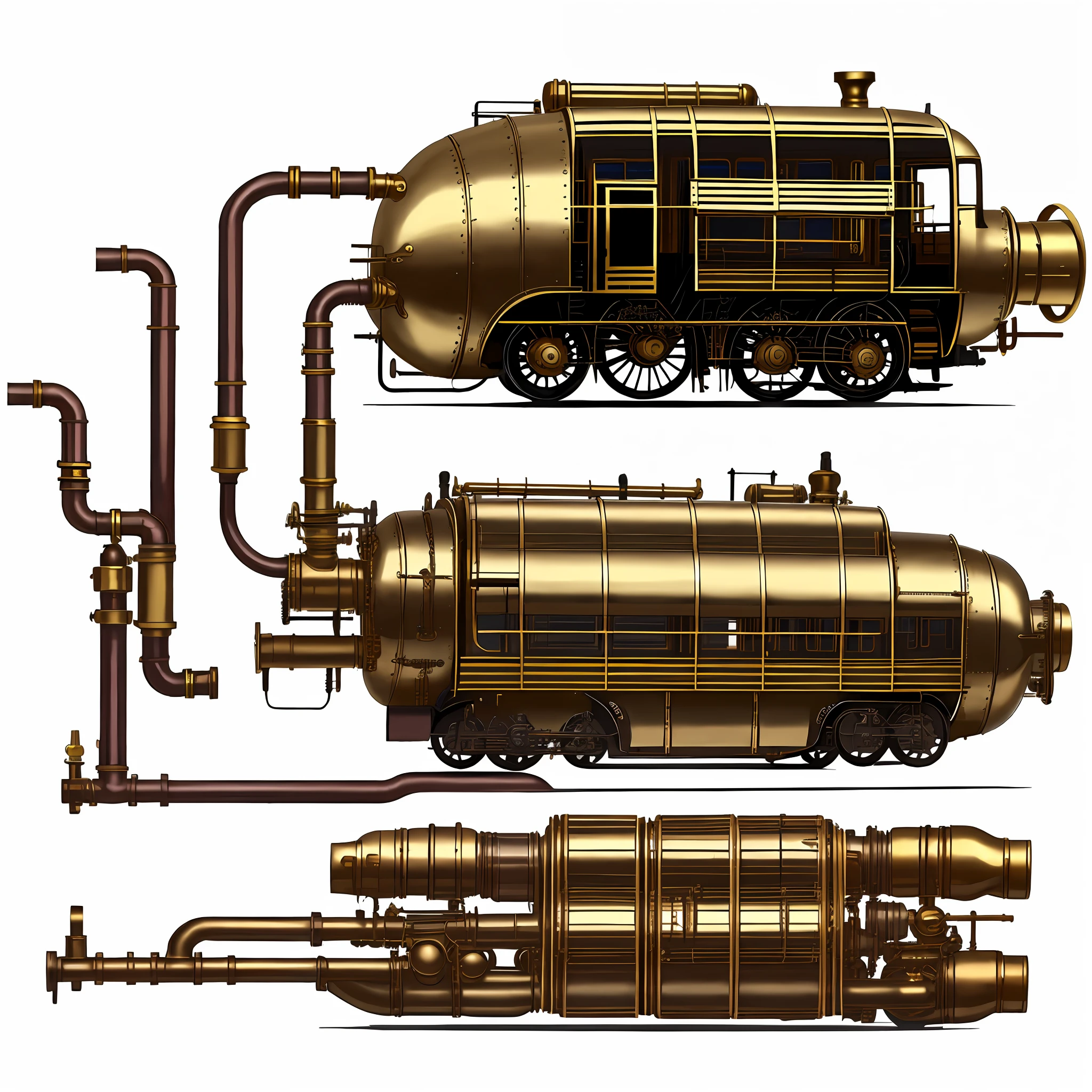 school bus、steampunc、from side view、brass、steel、Great photos of pipes、White background