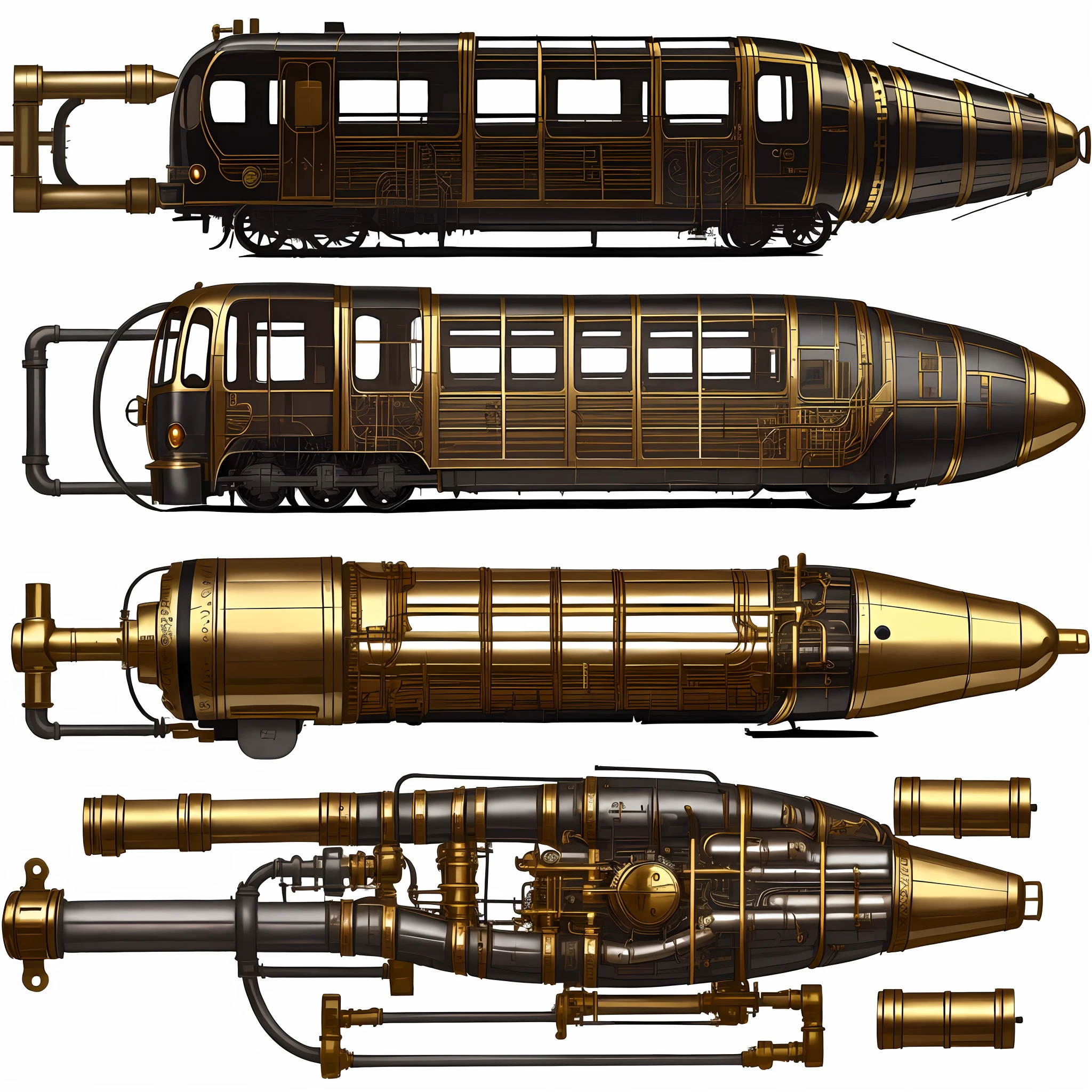 school bus、steampunc、from side view、brass、steel、Great photos of pipes、White background