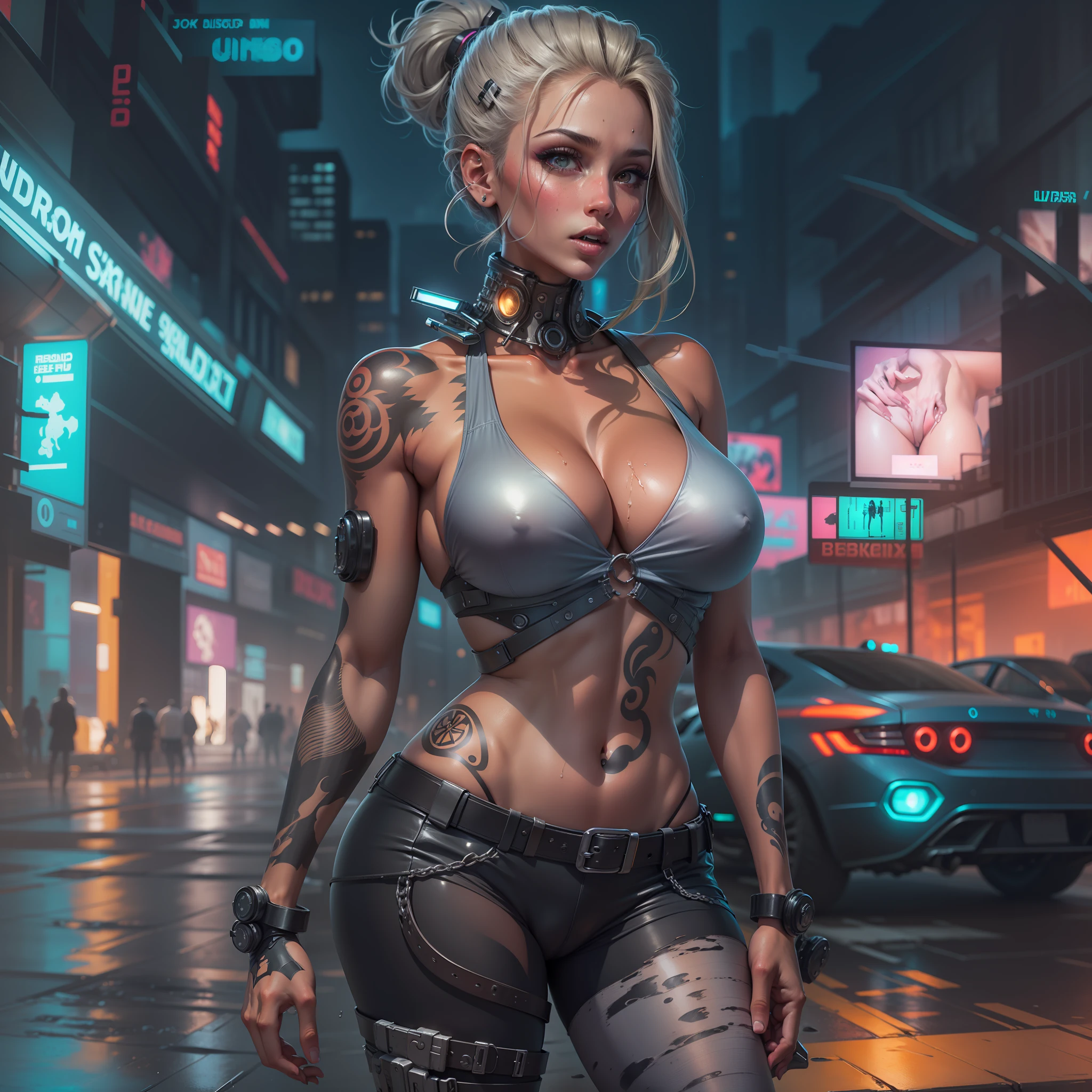((Cyberpunk art technique by Josan Gonzalez)), (Art inspired by the technique of Charles Lavesso) ,((Best masterpiece in the world)), art rich in colors, ((Realism)), (Arab woman), (extremely beautiful girl: 1.2), mature, sexy woman, (very big breasts:1.7),(full body), (semi-naked girl), sexy pose, (Crisp face), (one eye is bionic), (ponytail hair with variations), shaved and braided hair on the side, hair, blond, black, red, random hair lock color, perfect body, strawberry mouth with shine, mouth little open, eyes symmetrical, seductive look, beautiful eyes ultra detailed and with brightness), makeup, perfect hands with 4 fingers and a thumb, full buttocks and rounded medium and laterally, tendency ass of the Brazilian, small and round breasts, and protruding areolas), (pubic hair barely visible), piercing in the navel, tattoos on the body, tattoo style Irezumi, thin waist, tanned skin, bikini marks on tanned skin, metehumam skin, hyper detailed skin with visible pores, small discolored body hairs, bionic, legging, (transparent crystal plastic top: 1.2), (transparent plastic bag), (transparent crystal plastic fabric), wet with sweat, (see through fabric), Cyber Punk style jacket, high heel shoes, ((Metropolises night city of Cyber Punk night background extremely detailed: 1.4)), cyber punk walking npcs, parked sport bikes, (billboards: 1.2), glass cover, disco, alley, beach, landscape, neon, wet floor, glow efect, (8k resolution: 1.2), (Canon EOS R6), Artstation trend, Lumen[, sharp, Unreal 5, photorealistic art, Ray Tracing, (High Dynamic Range 10 plus), surrealism, shadow, stereogram, Lens Flare light, (hyper realistic light and shadow: 1.2) ;