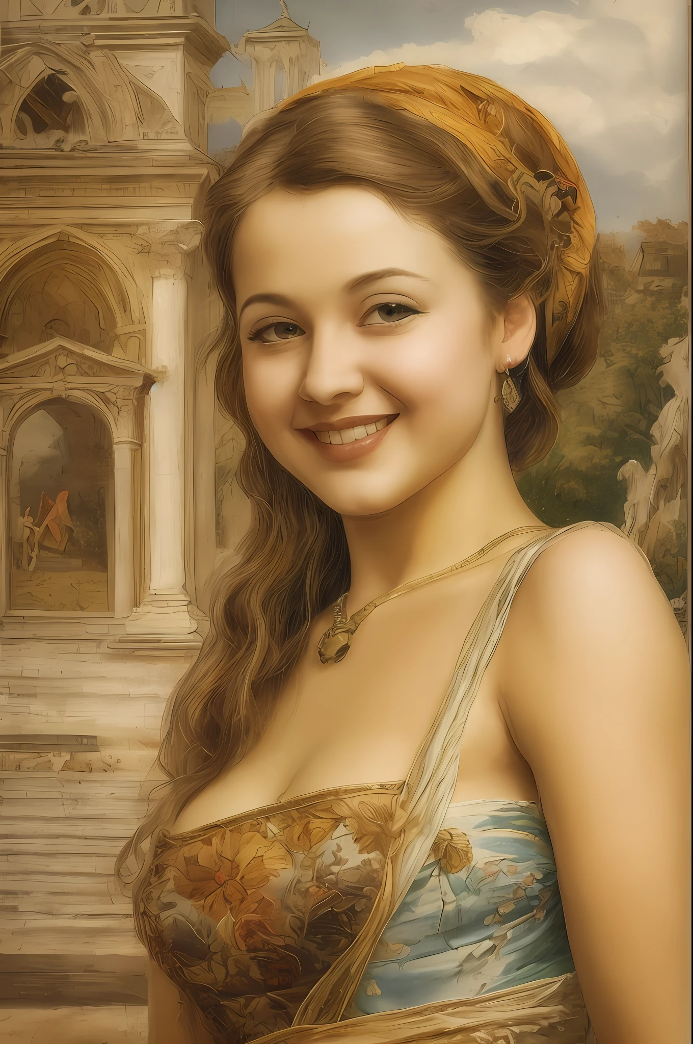 [beste-Qualit, tmasterpiece, extra high resolution, photo-realistic, in the style of pin-up, 1girl, off-shoulder, ssmile:20]Background, intricate Renaissance landscape, higly detailed, Impression:0.2