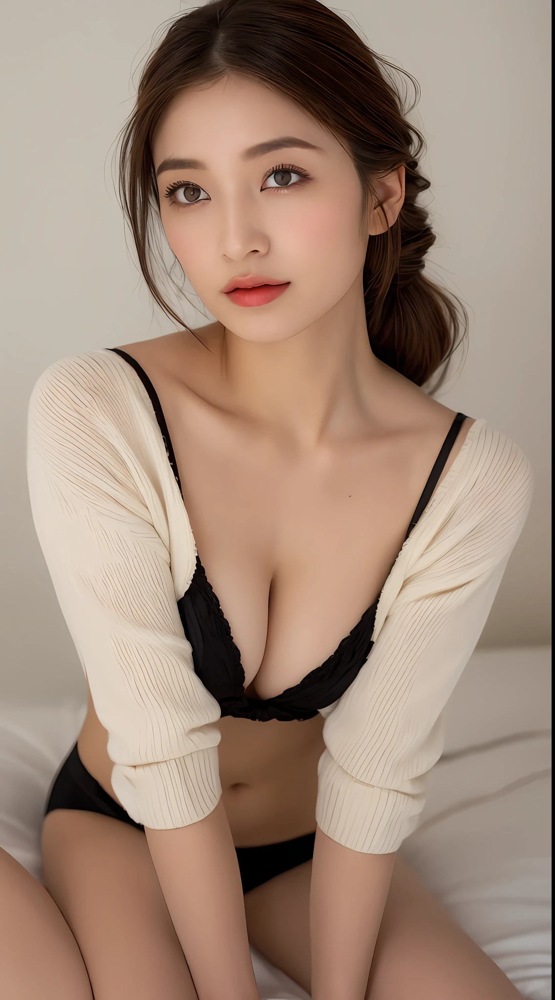 top-quality, realisitic, realisitic, ighly detailed, extremely delicate and beautiful, Raw photography, Sitting in bed, profetional lighting, lighting on the face, depth of fields, Single focal length, full body Esbian, a 20 yo woman, brown haired, Brown-eyed, White knitted sweater, small head, ((Colossal tits)), fashionGirl, beautidful eyes, True Face, authentic skin, Lifelike face, real looking skin, A detailed eye, Doing yoga, (Fashionable hairstyles:1.3)Dynamic Poses, viewer, See detailed faces and breasts, announcer, See-through shirt, The tips of the are sticking out, areola protruding, The shape of the pubic area is clearly visible, gals, Lots of lashes, Pure black eyeshadow, Pitch black lip, Pure black sexy pin heel lower abdomen bristles, A slender, crotch open, My are big and are about to spill out of my bra, Very much pubic hair, pubic hair is very protruding, Petite and delicate figure, A-cup, Camel toes,