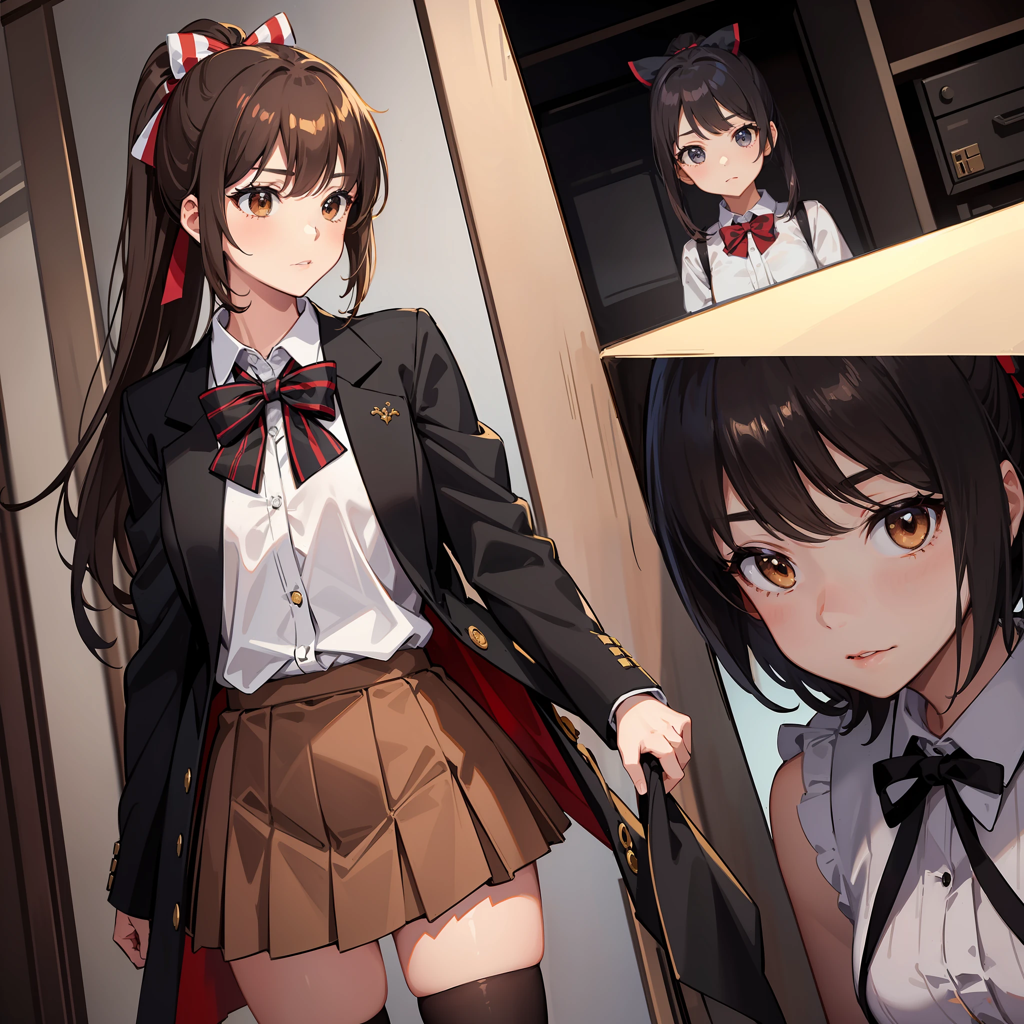 Masterpiece, Best quality, A high resolution, 1girl kirasaka sayaka high ponytail hair ribbon, Striped bow tie black vest,Short brown skirt,Brown coat,Brown skirt with black thighs standing tall