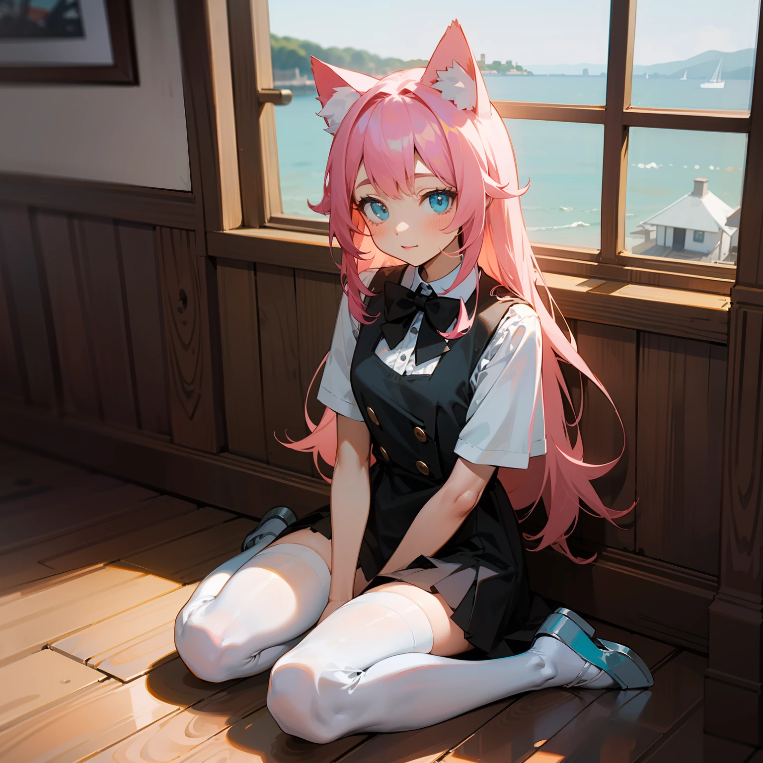 Sea side cottage in the afternoon，Cute pink long hair girl，sitting down on the floor，Wear a black bow tie，cat ear，JK，white stockings
