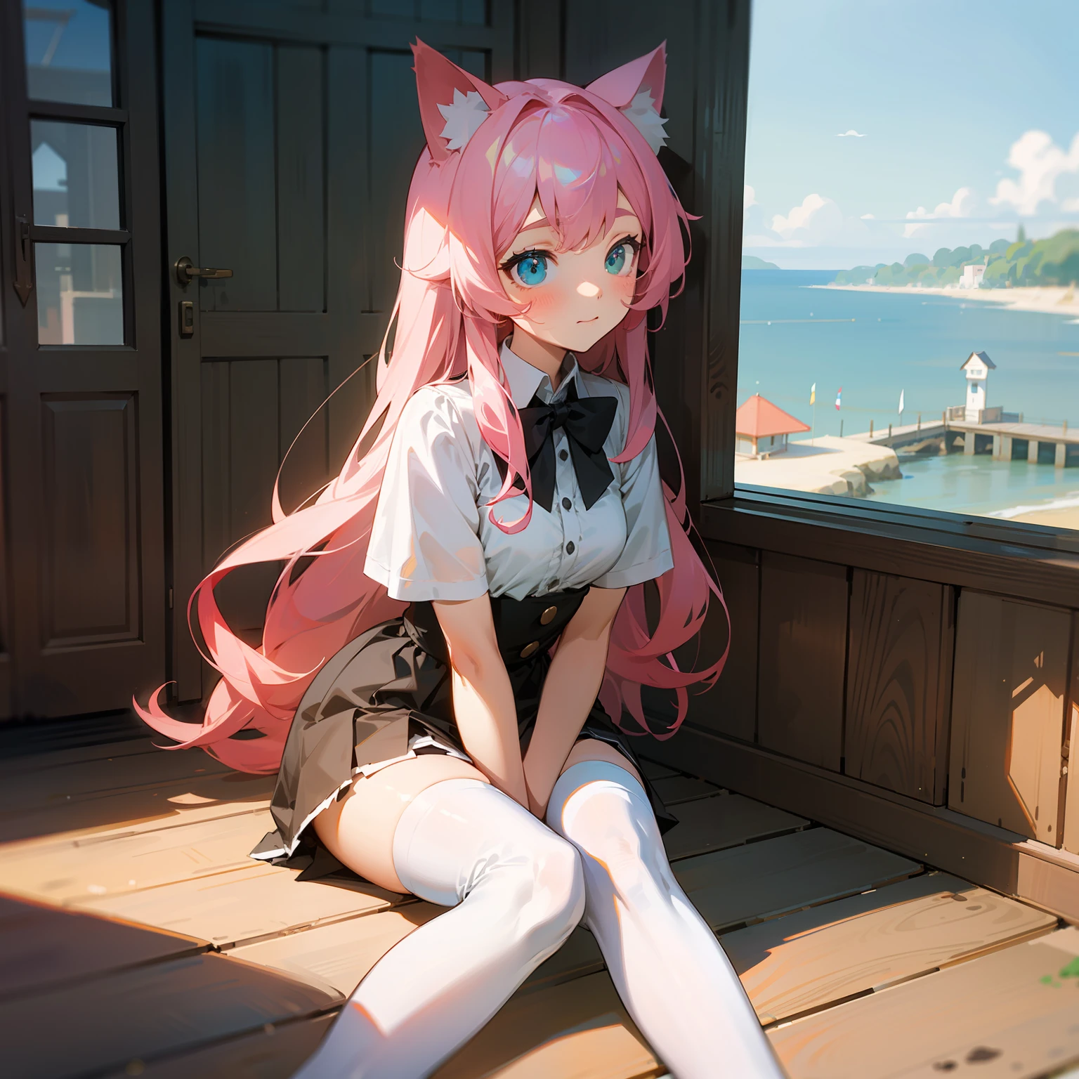 Sea side cottage in the afternoon,Cute pink long hair girl,sitting down on the floor,Wear a black bow tie,cat ear,JK,white stockings