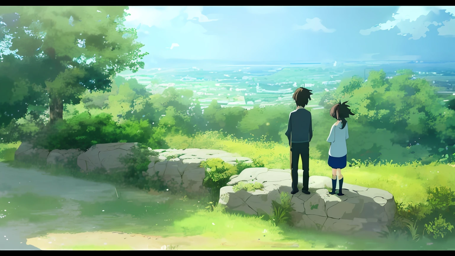 Anime scene of girl and boy standing on stone wall, your name movie style, makoto shinkai movie, Your name, Fiona Staples e Makoto Shinkai, studio ghibli sunlight, ( ( Makoto Shinkai ) ), anime movie scene, in the style of makoto shinkai, Makoto Shinkai's style, anime movie screenshot, Shinkai Makoto style