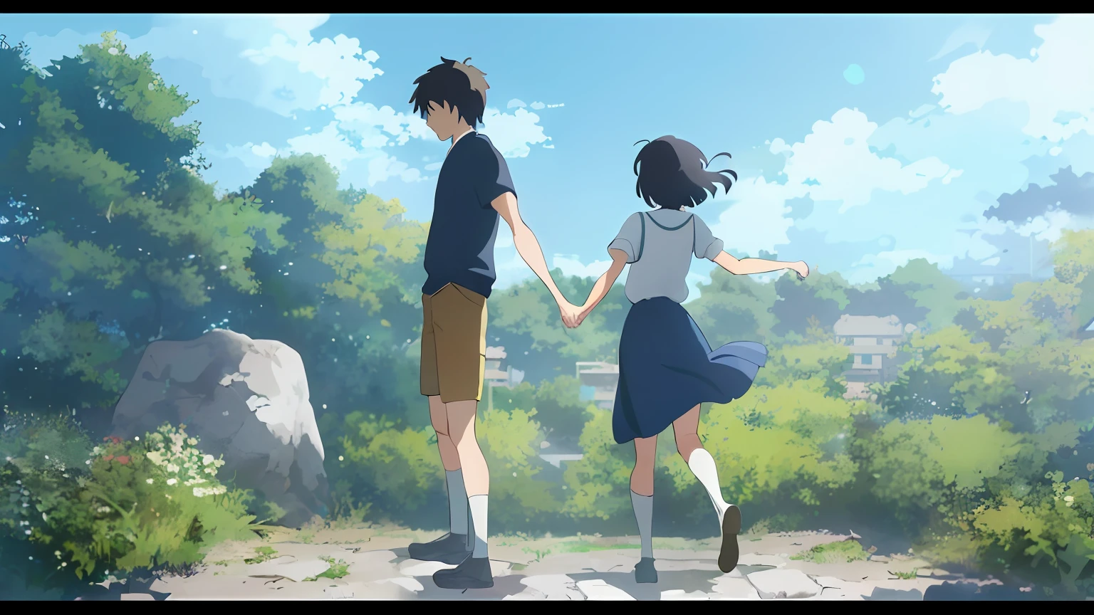 Anime scene of girl and boy standing on stone wall, your name movie style, makoto shinkai movie, Your name, Fiona Staples e Makoto Shinkai, studio ghibli sunlight, ( ( Makoto Shinkai ) ), anime movie scene, in the style of makoto shinkai, Makoto Shinkai's style, anime movie screenshot, Shinkai Makoto style