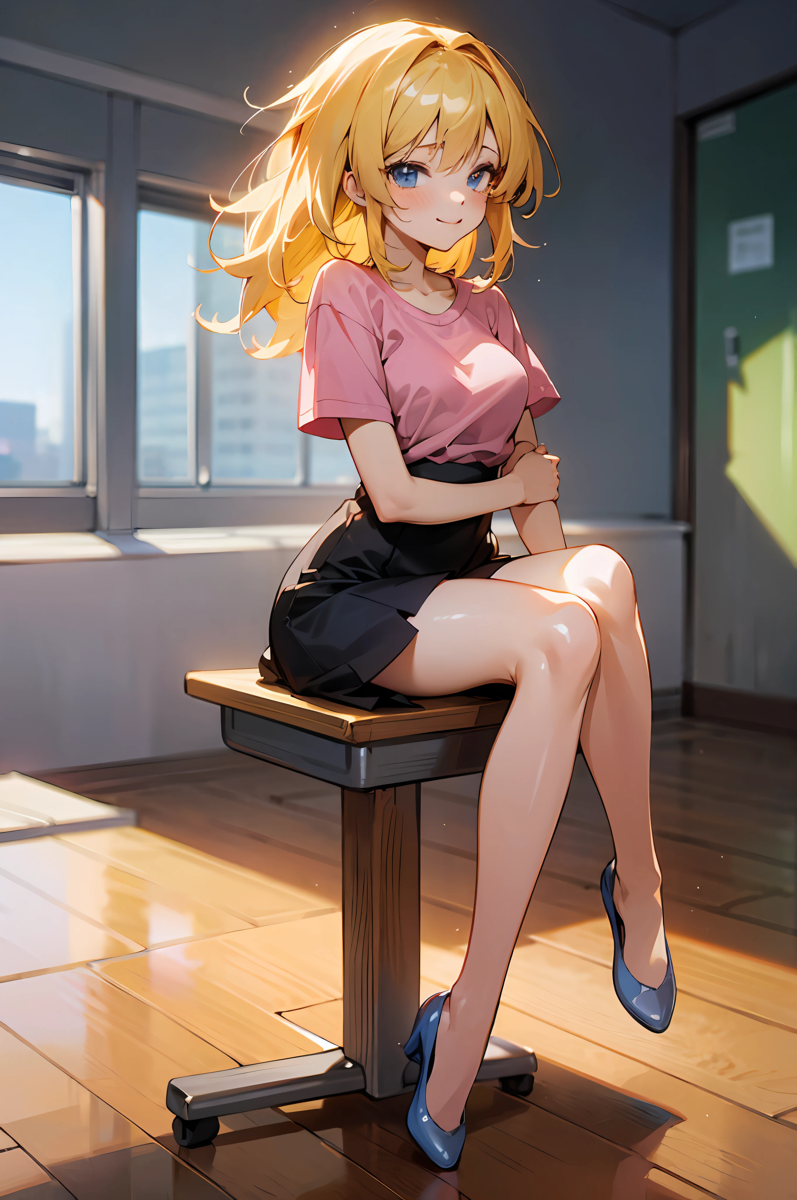 anime girl with blonde hair, wearing pink tshirt , anime moe artstyle, full body, anime girl wearing a black dress,,seductive anime girl, sittinng on the table, classroom, cute anime 8 k, , (anime girl), zerochan art, 1girl, h, high res, ultrasharp, 8k, masterpiece, perfect body, perfect face, cute face,