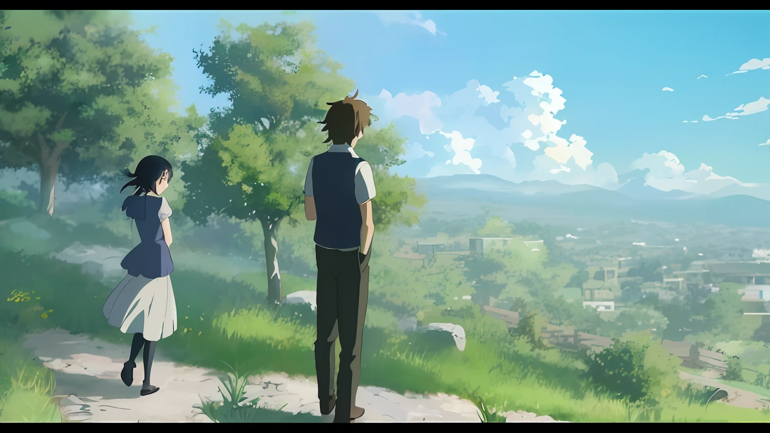 Anime scene of girl and boy standing on stone wall, your name movie style, makoto shinkai movie, Your name, Fiona Staples e Makoto Shinkai, studio ghibli sunlight, ( ( Makoto Shinkai ) ), anime movie scene, in the style of makoto shinkai, Makoto Shinkai's style, anime movie screenshot, Shinkai Makoto style