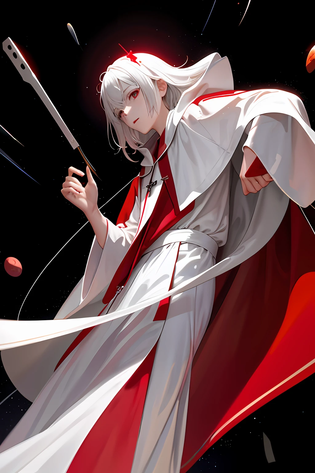 1 spatula priest, red and white priest robe, hight detailed, ray tracing, space background