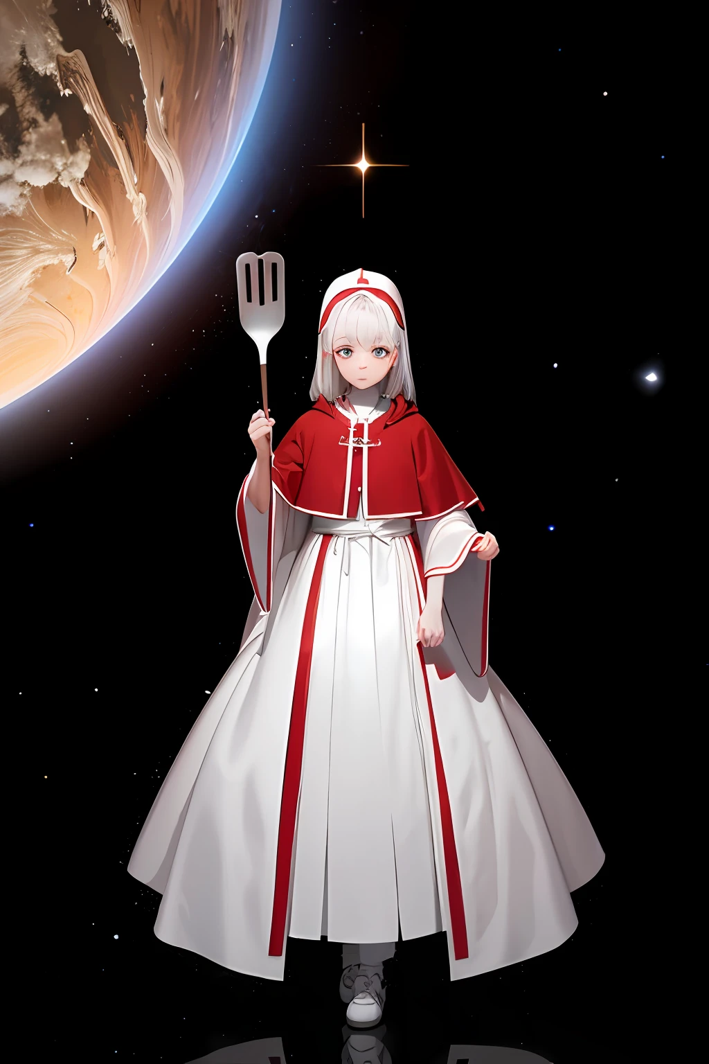 1 spatula priest, red and white priest robe, hight detailed, ray tracing, space background