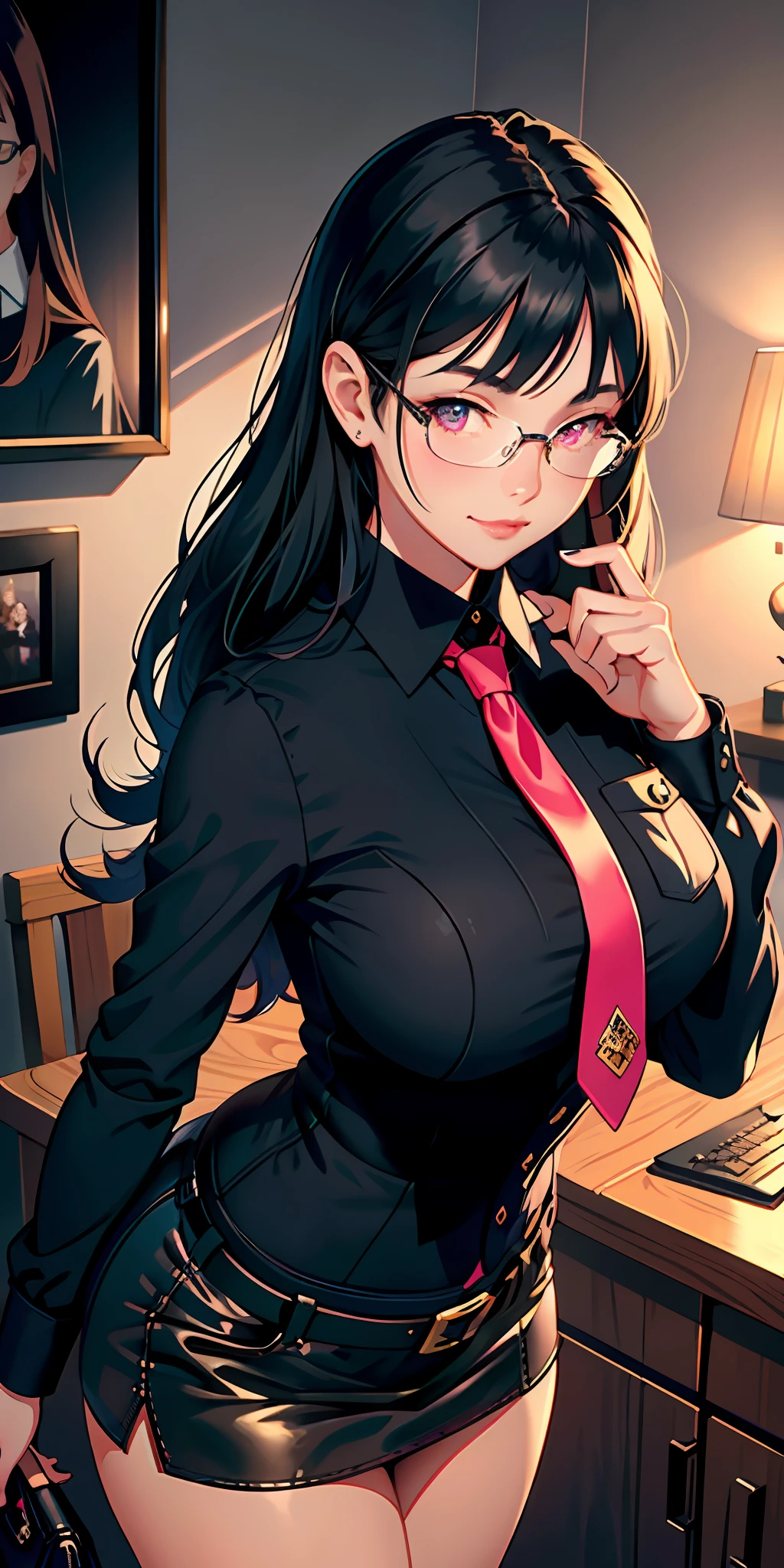 masterpiece, best quality, extremely detailed CG, beautiful detailed eyes, ultra detailed and intricate details: 1.2), 8k wallpaper, elaborate features, (1girl, solo: 1.4), (realistic textures: 0.8), tall, cute, (vibrant colors, dynamic lighting: 1.0), (high contrast: 0.8), (shooting hair, black hair: 1.3), ,(best quality, masterpiece 1.2), detailed, 1girl, solo, looking at the viewer, simple background, over-the-shoulder shot, selfie, dynamic pose, evil smile, detailed eyes, full body, pink eyes, very long long dark hair, office lady, mature man, tie, glasses, very short short miniskirt, blushing, nervous (very very big tits1.4)