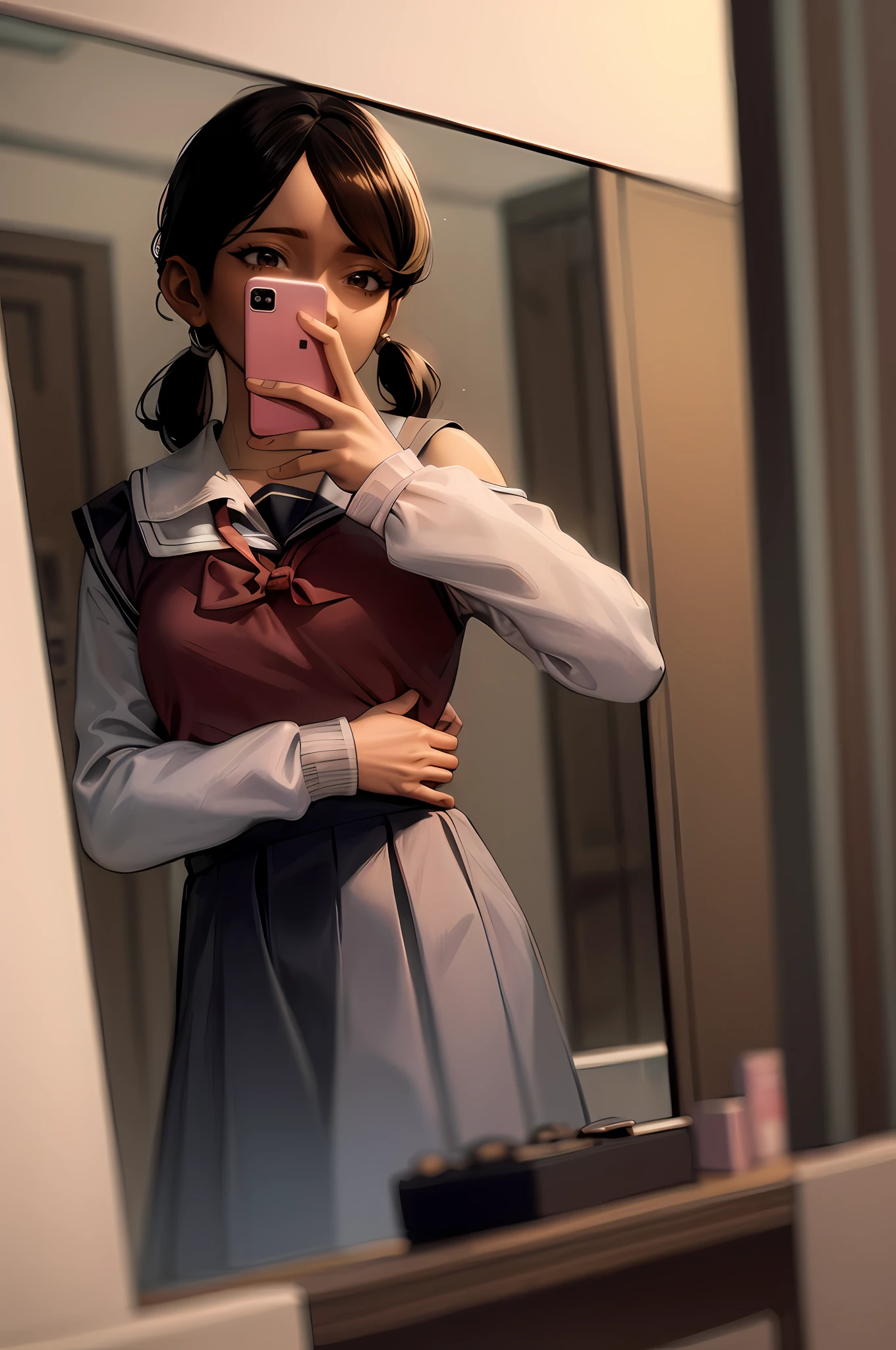 ((masterpiece, best quality)), solo ,1girl, clementine, dark skin,  school uniform, shoulder length hair, taking a selfie, standing in front of a mirror