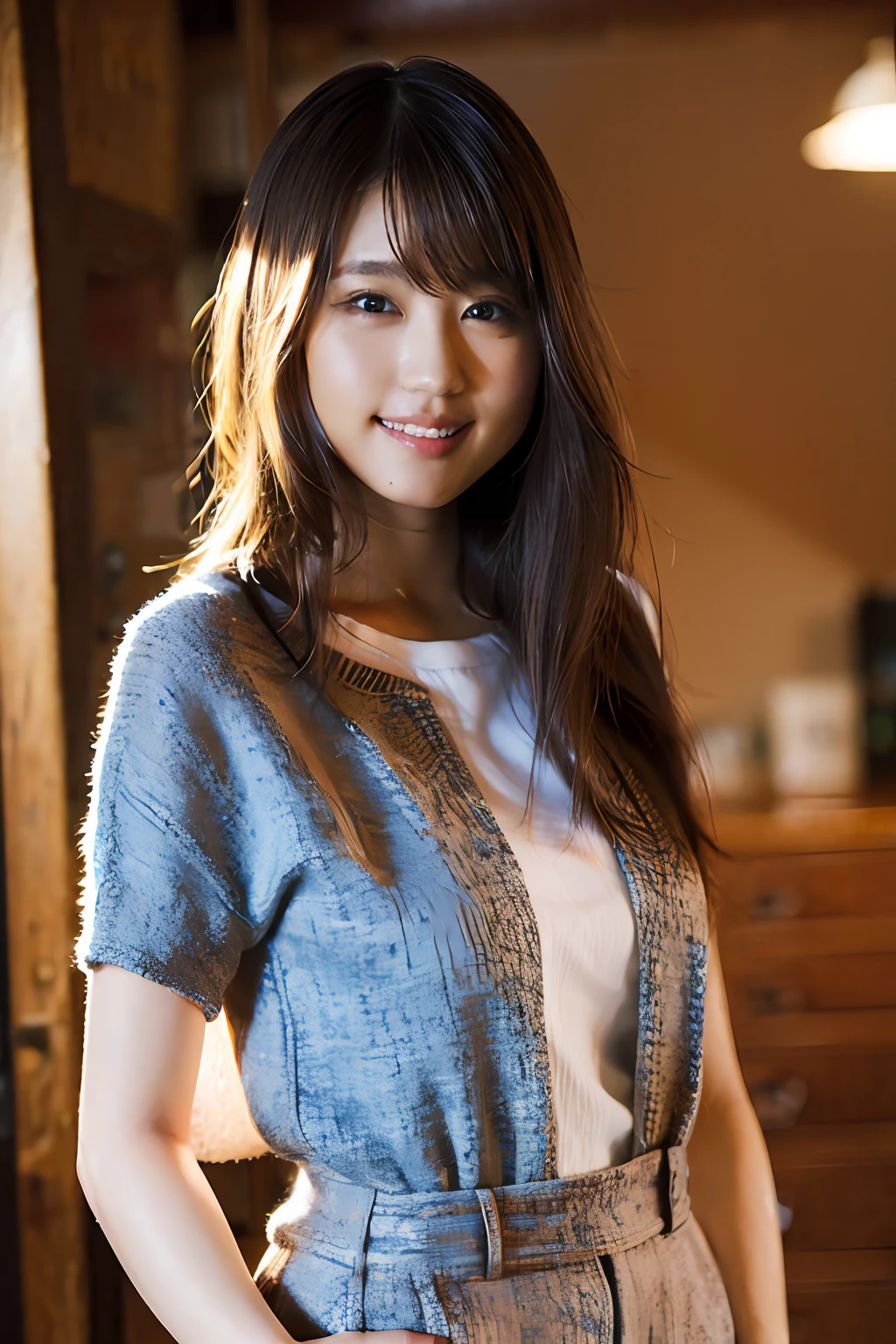 (8k, RAW photo, best quality, masterpiece:1.2), (realistic, photo-realistic:1.37), ultra-detailed, ultra high res,1 girl,looking at viewer,beautiful detailed face,smile,narrow,(slim waist:1.3),shirt, beautiful detailed skin, skin texture, floating hair,professional lighting,