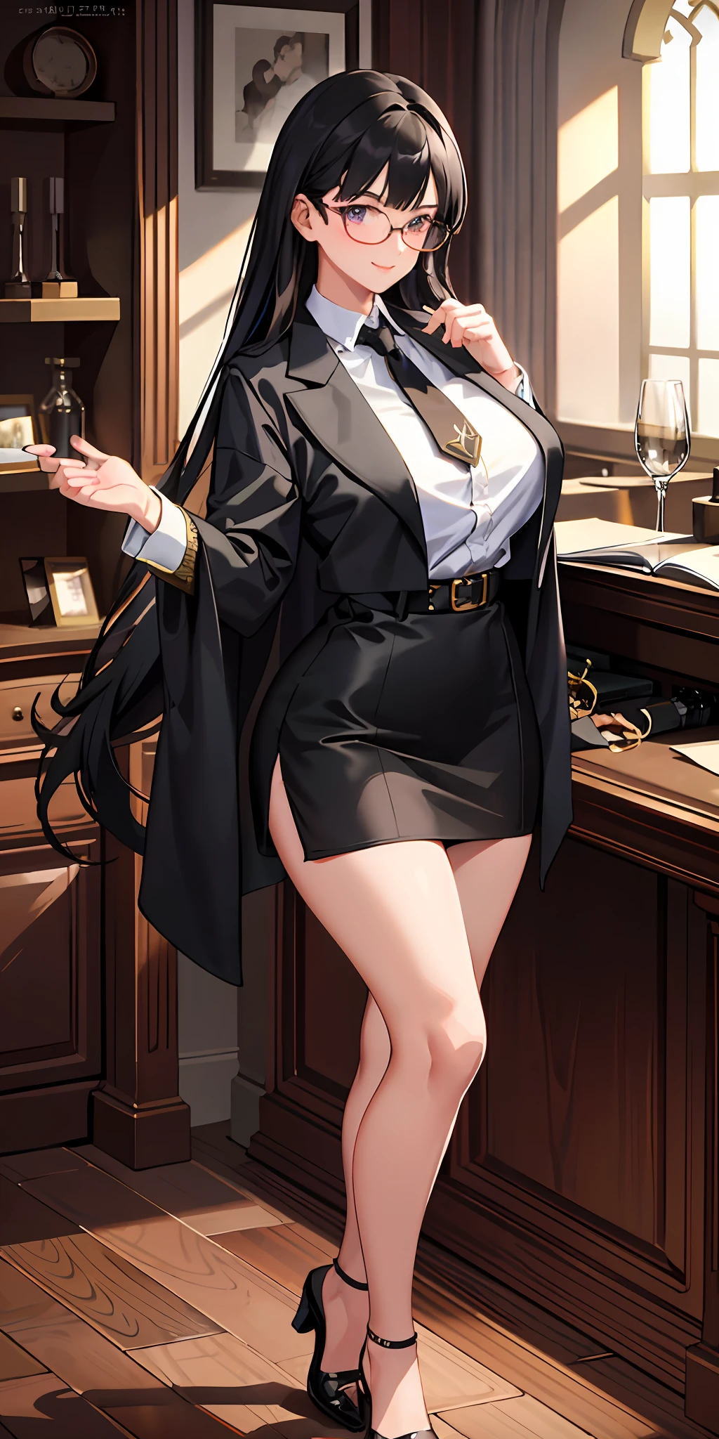 (masterpiece, best quality, extremely detailed CG, beautiful detailed eyes, ultra detailed and intricate details: 1.2), 8k wallpaper, elaborate features, (1girl, solo: 1.4), (realistic textures: 0.8), tall, cute, (vibrant colors, dynamic lighting: 1.0), (high contrast: 0.8), (shooting hair, black hair: 1.3), (giant chest: 1.9),(best quality, masterpiece 1.2), detailed, 1girl, solo, looking at the viewer,  simple background, over-the-shoulder shot, selfie, dynamic pose, evil smile, detailed eyes, full body, pink eyes, very long long dark hair, office lady, mature man, tie, glasses, very short short miniskirt, blushing, nervous (prominent tits 1.9)