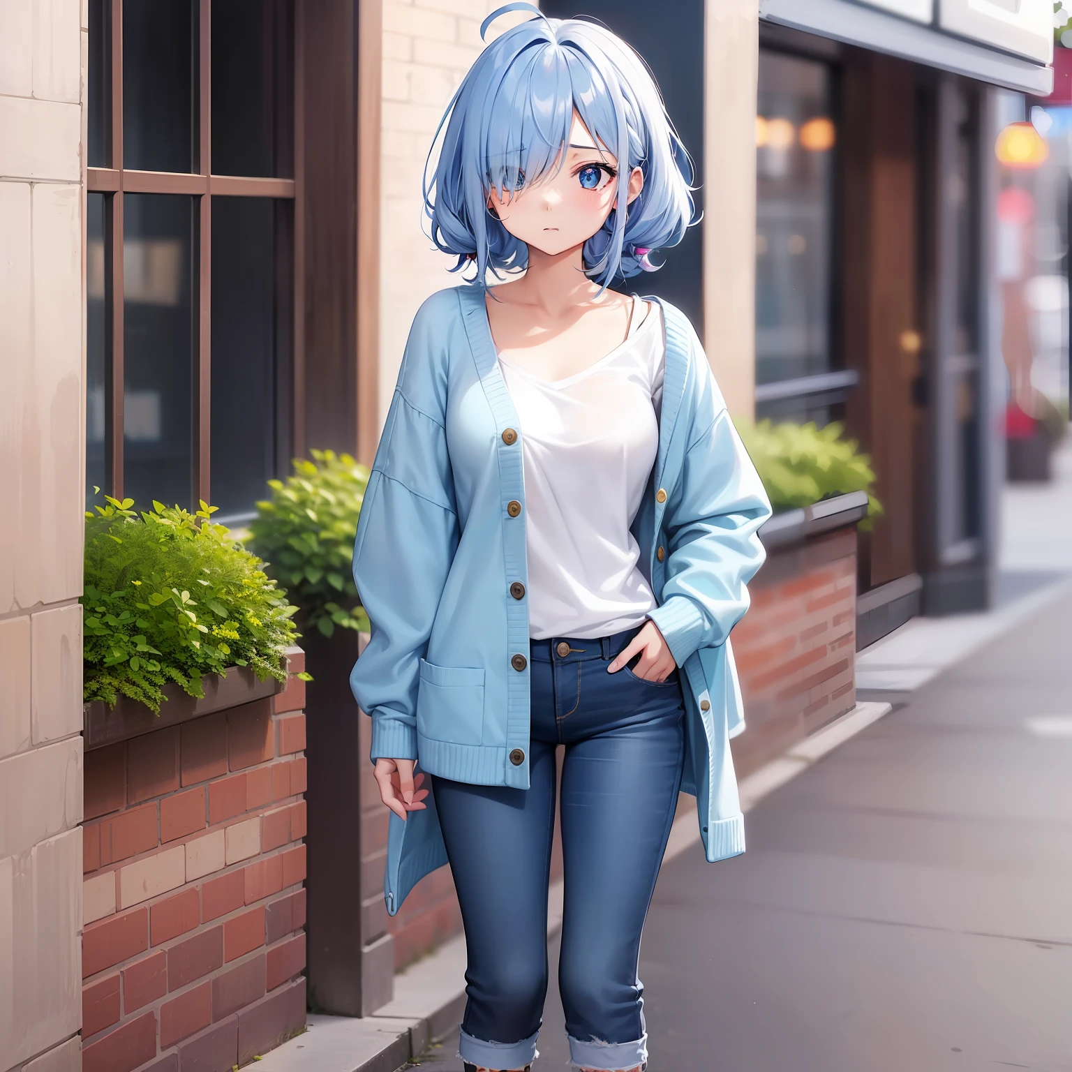 Anime style、1人、full body Esbian、expressionless face、{hairstyle on:(Twin-tailed),(one eye covered),(Cover your right eye),(blue hairs),(Ahoge)},blue eyess,light blue cardigan,White inner shirt,jeans,Blue sneakers,facing front,to stand,