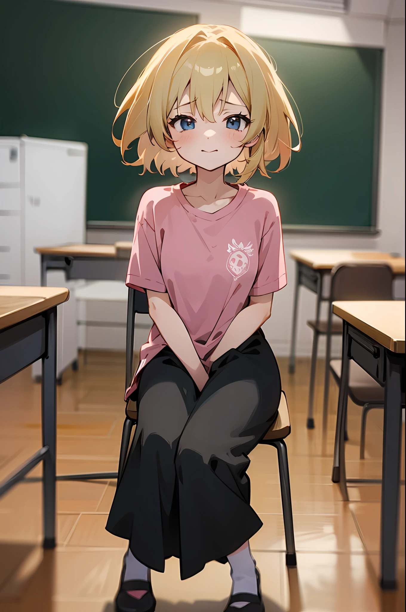 anime girl with blonde hair, wearing pink tshirt , anime moe artstyle, full body, anime girl wearing a black dress,,seductive anime girl, sittinng on the table, classroom, cute anime 8 k, , (anime girl), zerochan art, 1girl, h, high res, ultrasharp, 8k, masterpiece, perfect body, perfect face, cute face,