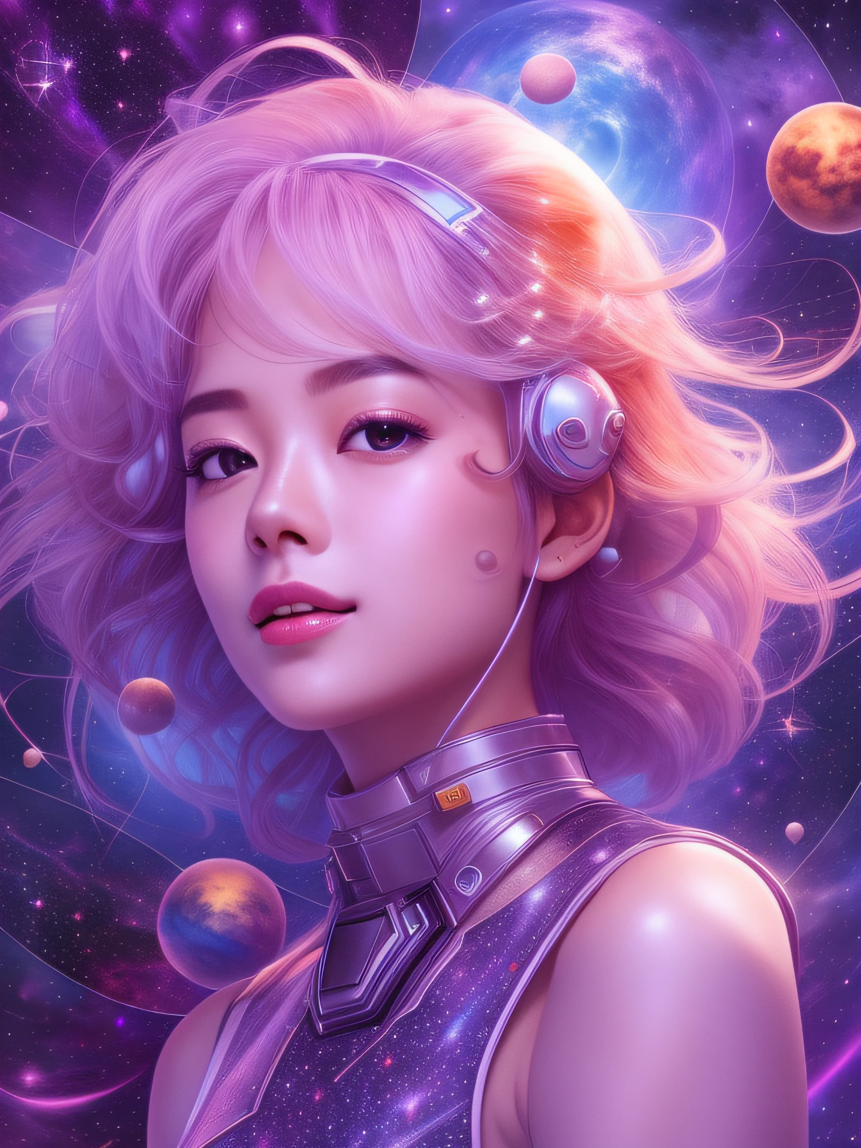 1girl in, A futuristic, Hyper-Realism, Verism,(Masterpiece Portrait Beautiful Girl Galaxy Goddess)、(gleaming skin)、Unevenness of the skin、nffsw、smil、shiny floating weightless hair、Clean face、A detailed face、(FULL BODYSHOT)、perfectly proportions、Quite winding、smil、radiant eyes、hovering、Grab the universe、etheric、hallucination、powerful legs、creation、top-quality、2050、8K、nffsw、lut、Accretion disc、nebulas、supernova、Blue World、