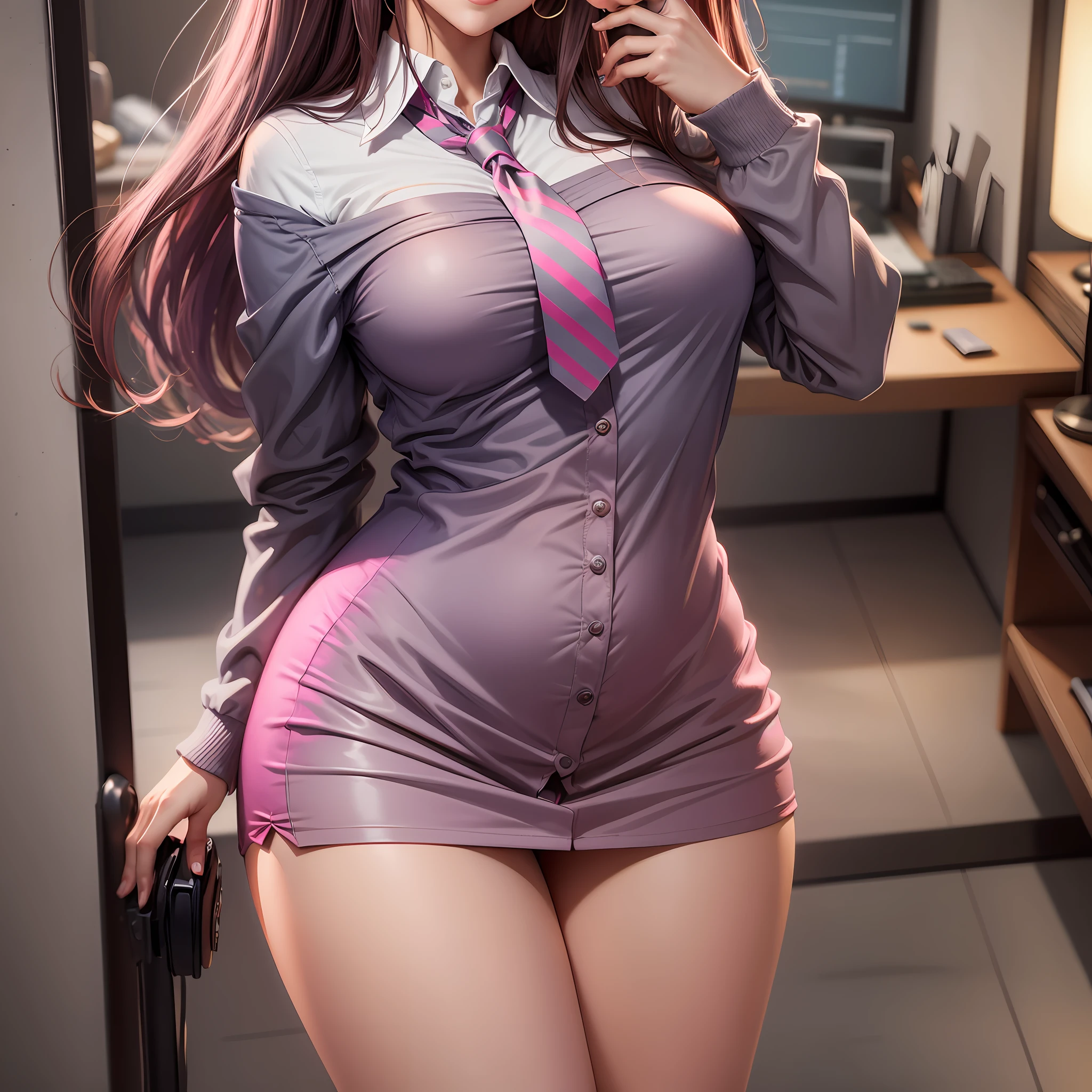 (best quality, masterpiece 1.2), detailed, 1girl, solo, looking at viewer, simple background, over-the-shoulder shot, selfie, dynamic pose, evil smile, detailed eyes, full body, pink eyes, very long long dark hair, office lady, mature man, tie, glasses, very short short miniskirt, blushing, nervous (prominent bust 1.9), visible feet --auto --s2
