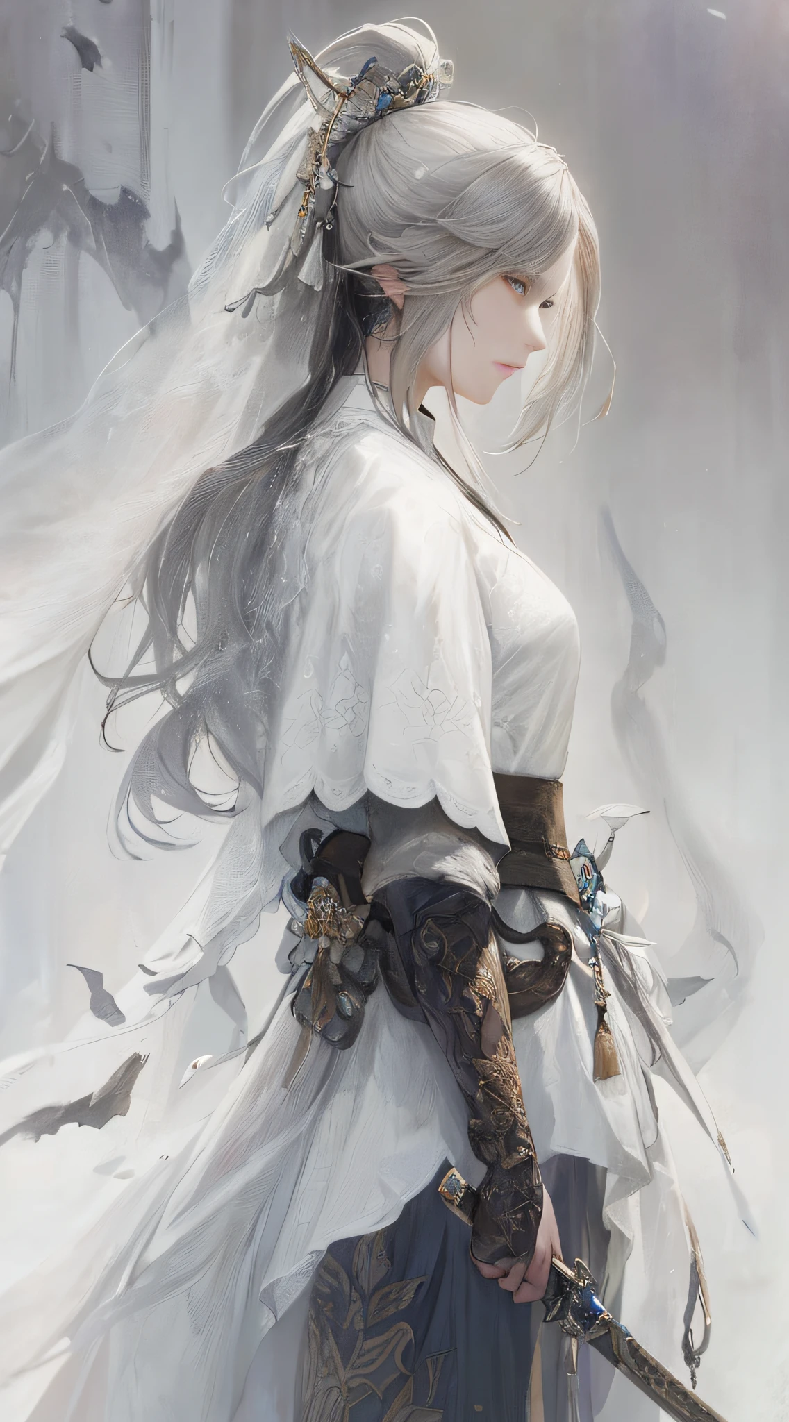 a close up of a woman with a sword in a white dress, a character portrait by Yang J, trending on cgsociety, fantasy art, beautiful character painting, artwork in the style of guweiz, guweiz, white hanfu, flowing white robes, full body wuxia, epic exquisite character art, stunning character art, beautiful female assassin