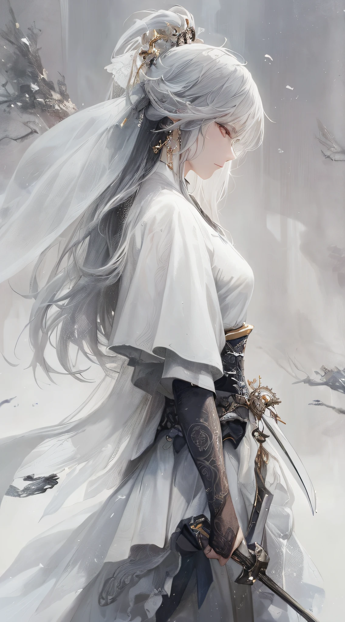 a close up of a woman with a sword in a white dress, a character portrait by Yang J, trending on cgsociety, fantasy art, beautiful character painting, artwork in the style of guweiz, guweiz, white hanfu, flowing white robes, full body wuxia, epic exquisite character art, stunning character art, beautiful female assassin