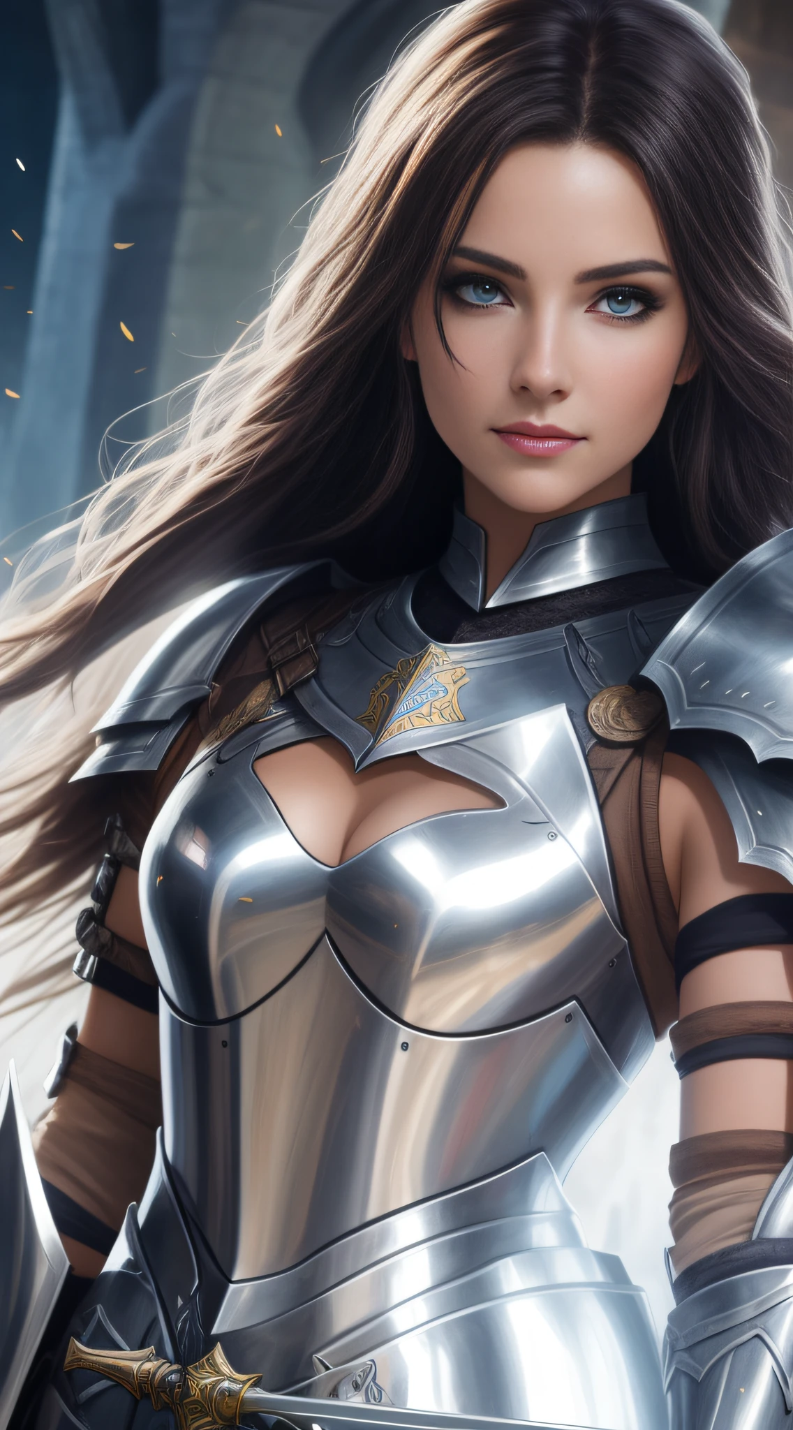 a woman in a suit of armor,With a sword and a sword in his hand, beautiful female knight, of a beautiful female knight, beautiful female warrior, gorgeous female paladin, a beautiful woman warrior, Armor Girl, fantasy paladin woman, Fantasy Woman, beautiful armor, girl in knight armor, Art germ. High detail, a fantasy warrior, Epic fantasy art style HD