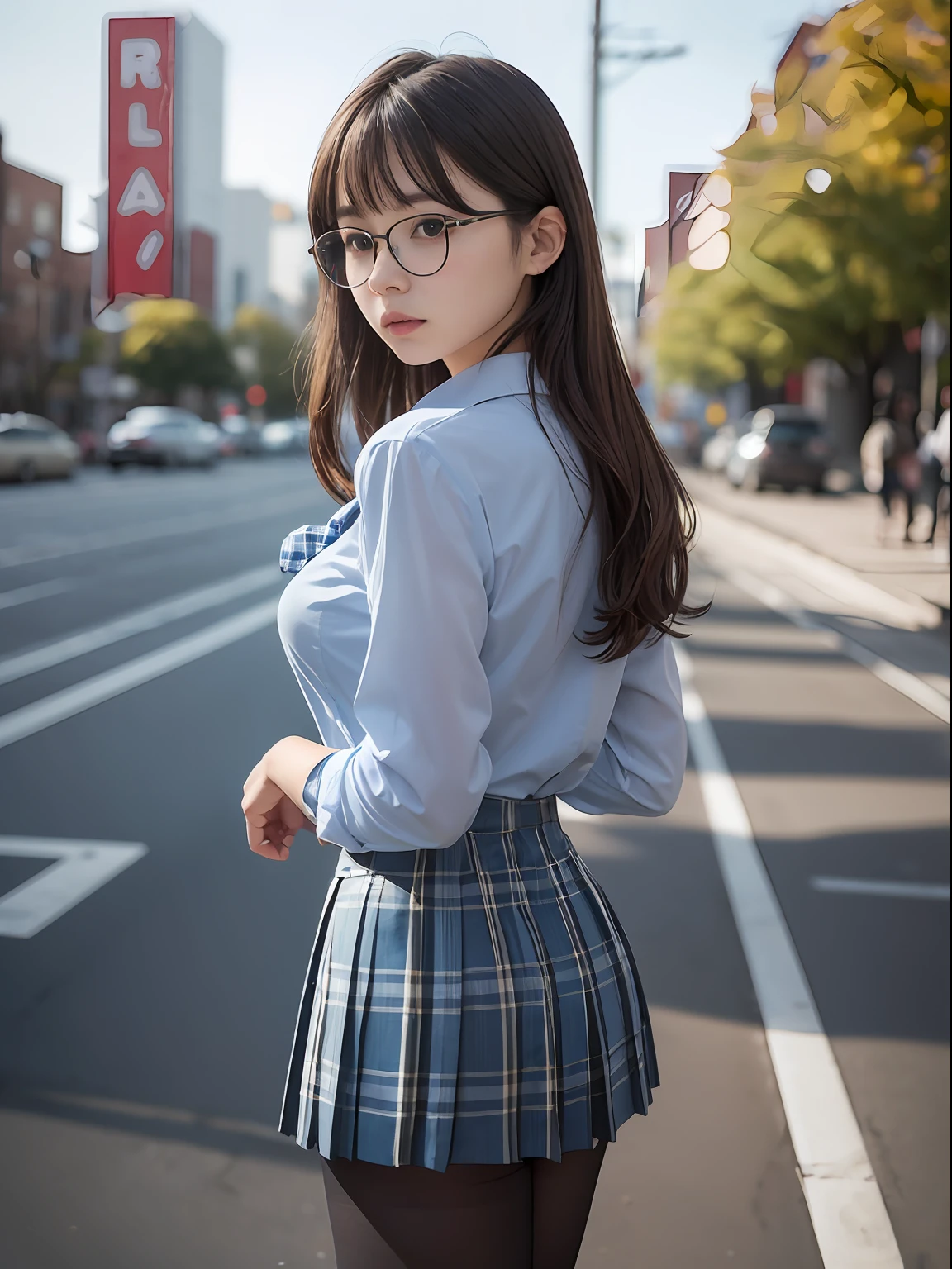 (8K、Raw photography、top-quality、masterpiece:1.2),big butts,Bullish,Muchimuchi,Erotic,Pupils,Light Blue Bra,de pele branca,kne,(Black pantyhose),absurderes,a small face,small tits,flat breast,Parting the bangs from the middle、Forehead visible,(a cold expression,Tight eyes,glares,Bullish,skinny,Rasping,irate)、masterpiece,top-quality、超A high resolution,Raw photo,ren,Beautiful fece,One Person, 独奏,eye glass,,Dark look,Small breasts,fullllbody,Round glasses、cute little、Back to Student,JK school uniform,hi-school girl,A Japanese Lady,is standing,(Photorealsitic:1.37)、Photon mapping,Realistic、Cute little face,Brown-eyed、Black socks、(Red bow tie)、Radio City、Physically Based Rendering、Foreground、depth of fields、Blurry background、a picture,The girls、Body,beauty legs, Long legs, Thin leg,shorttwintail,(Bangs are visible), hair, s lips, Blue_The eye, nosesoft,(Light blue shirt), (Navy and blue and white plaid pleated skirt), Knees are visible,Sheer clothing,, Thigh, Black cotton socks,Nogizaka Idol, 女優, Japanese ido