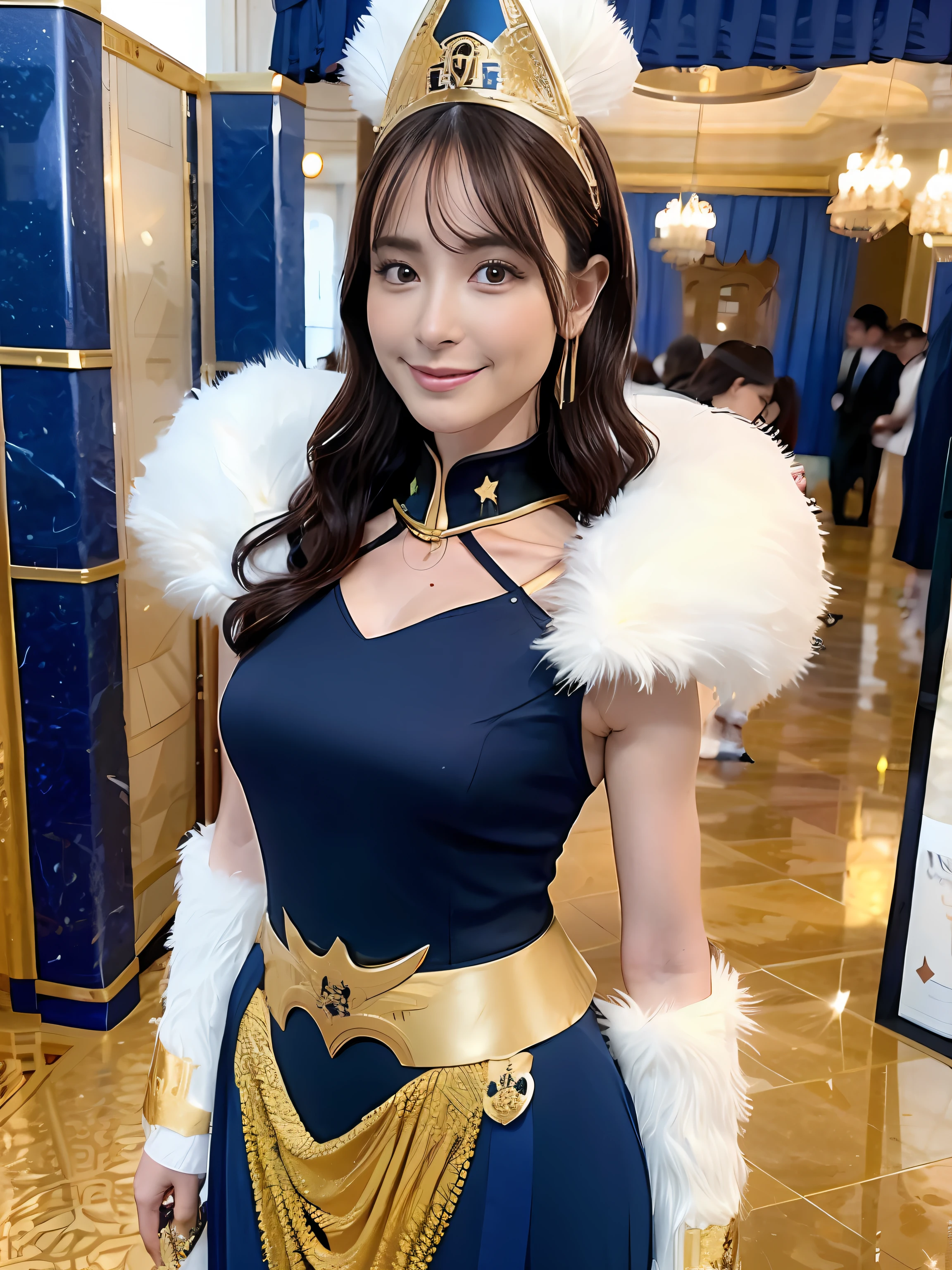 There is a golden rim of navy blue gorgeous armor,In the background, the square in the center of the castle is flanked by soldiers in black armor,long whitr hair,brunette color hair,Big waves,quadratic element,Does not cover the neck,Does not cover the abdomen and thighs,v neck,Skirt armor,Helmet decorated with white gold feathers,Do not cover your face