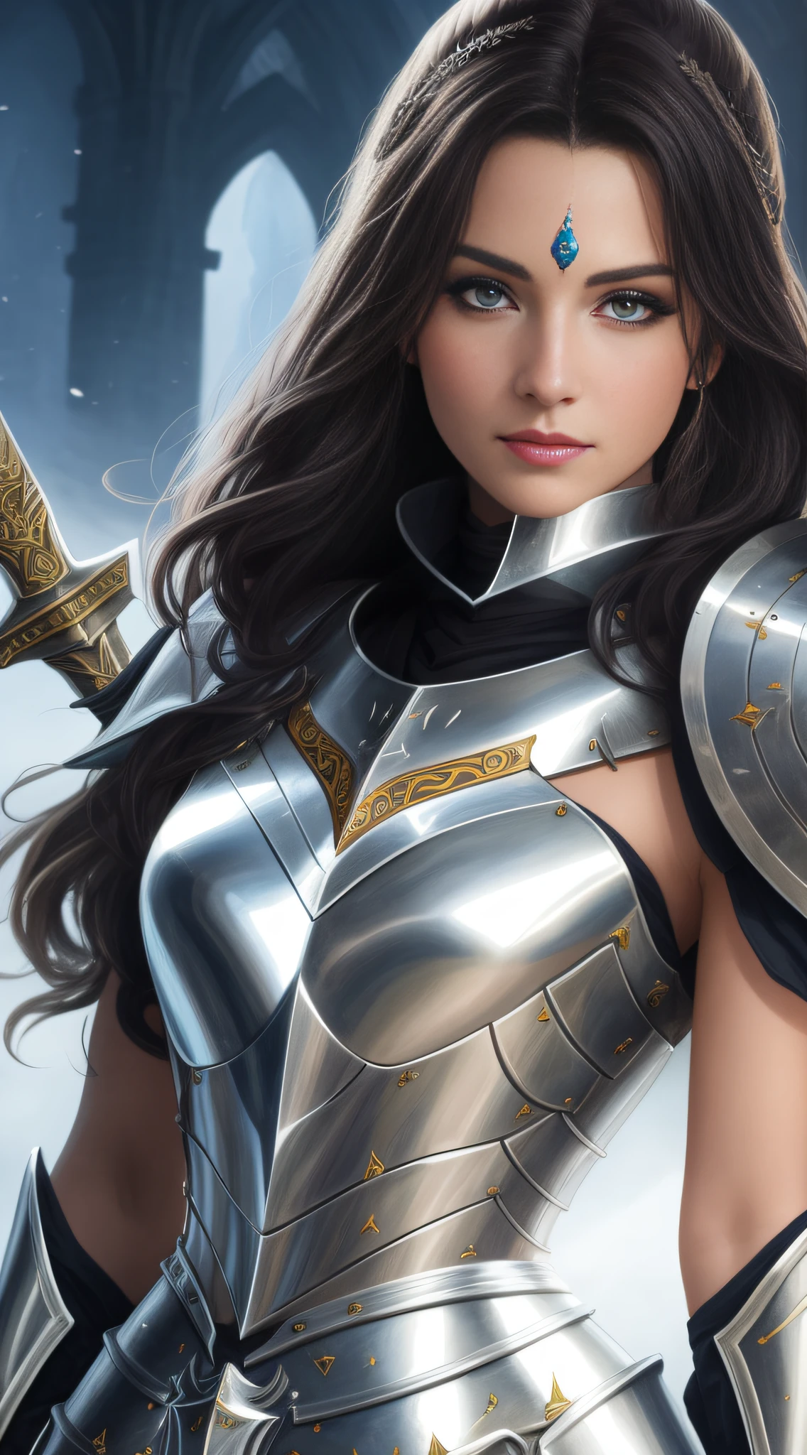 a woman in a suit of armor，With a sword and a sword in his hand, beautiful female knight, of a beautiful female knight, beautiful female warrior, gorgeous female paladin, a beautiful woman warrior, Armor Girl, fantasy paladin woman, Fantasy Woman, beautiful armor, girl in knight armor, Art germ. High detail, a fantasy warrior, Epic fantasy art style HD