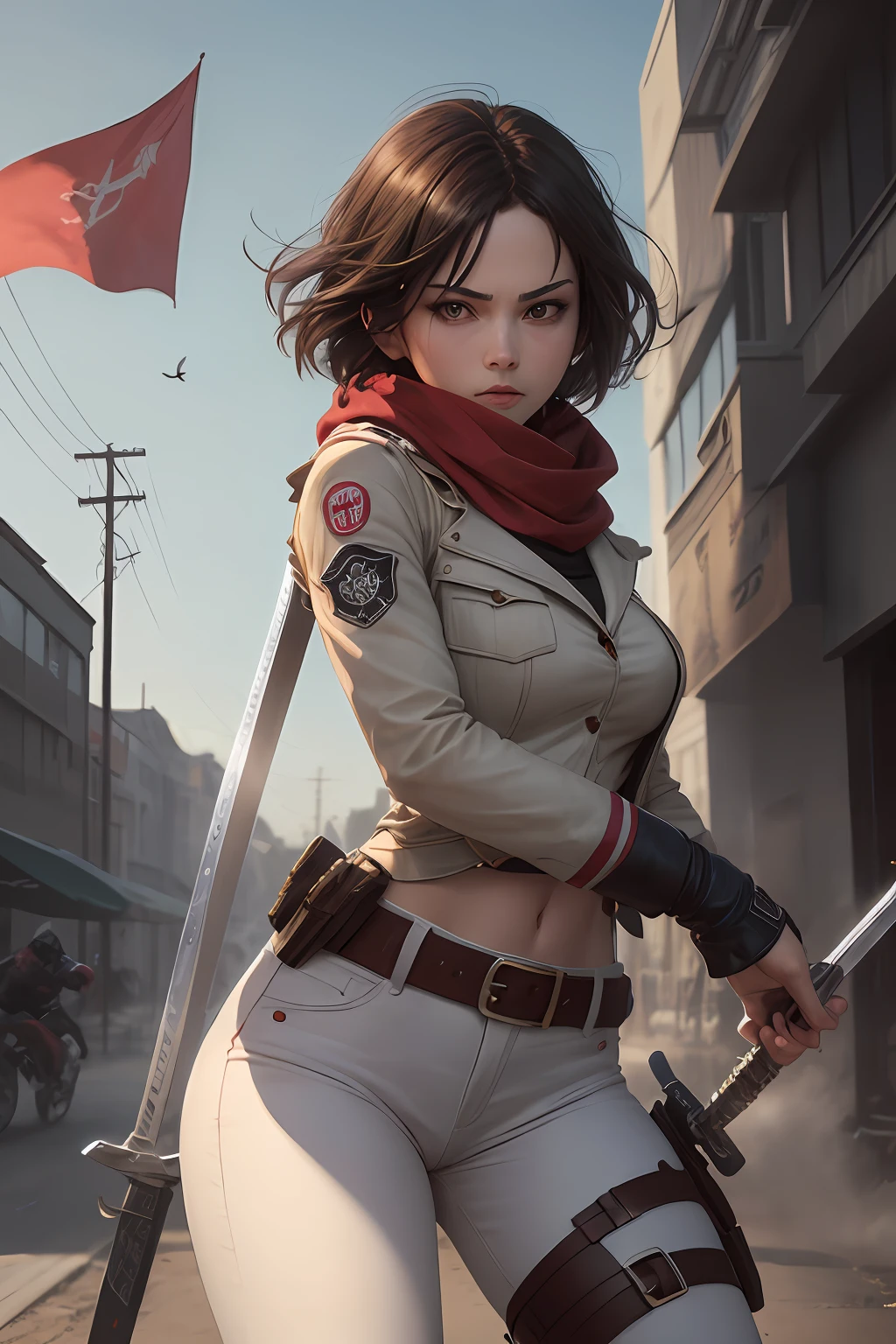 masterpiece, best quality, highres, hmmikasa, short hair, black eyes, scarf, emblem, belt, thigh strap, red scarf, white pants, brown jacket, long sleeves, holding weapon, sword, dual wielding, three-dimensional maneuver gear, fighting stance, sky, --auto