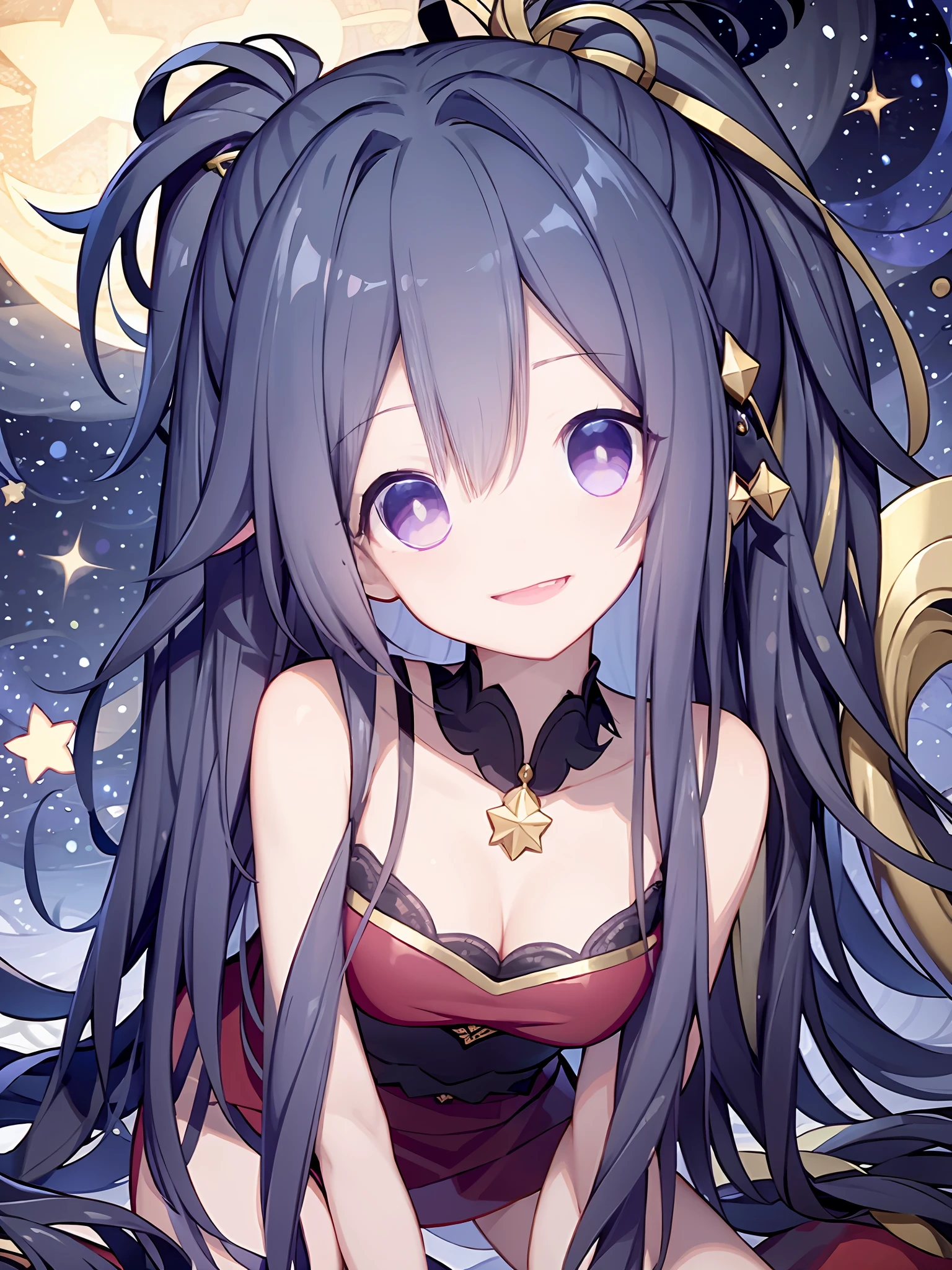 Anime girl with blue hair, hair ornament, long hair, solo, hairclip, red scarf, blush, ninja, night, ponytail, looking at viewer, purple eyes, smile, outdoor, night, balcony, stars, golden moon, starry night, dark, dark violet sky, Japanese stairs ,Medium-sized breasts, flat chest, clothes, beautiful legs, outdoor, night , stars , moon, ((starry night))