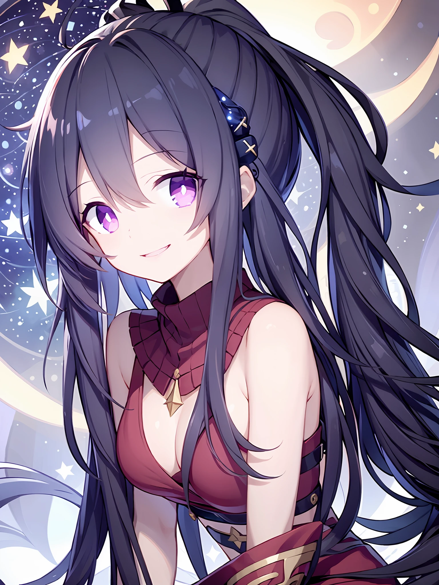 Anime girl with blue hair, hair ornament, long hair, solo, hairclip, red scarf, blush, ninja, night, ponytail, looking at viewer, purple eyes, smile, outdoor, night, balcony, stars, golden moon, starry night, dark, dark violet sky, Japanese stairs ,Medium-sized breasts, flat chest, clothes, beautiful legs, outdoor, night , stars , moon, ((starry night))