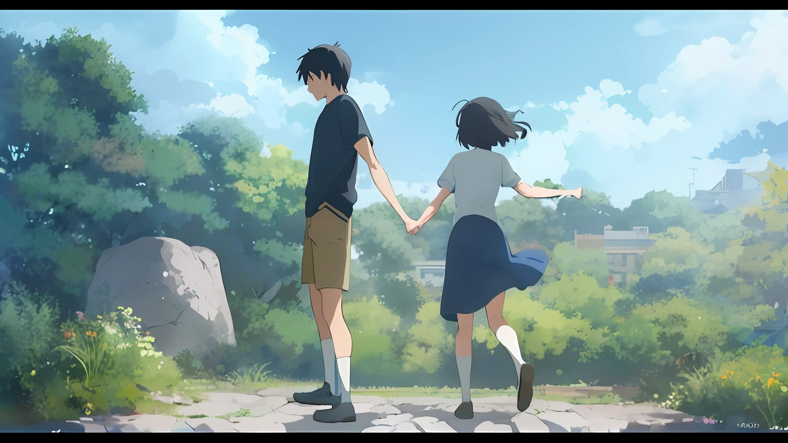 Anime scene of girl and boy standing on stone wall, your name movie style, makoto shinkai movie, Your name, Fiona Staples e Makoto Shinkai, studio ghibli sunlight, ( ( Makoto Shinkai ) ), anime movie scene, in the style of makoto shinkai, Makoto Shinkai's style, anime movie screenshot, Shinkai Makoto style