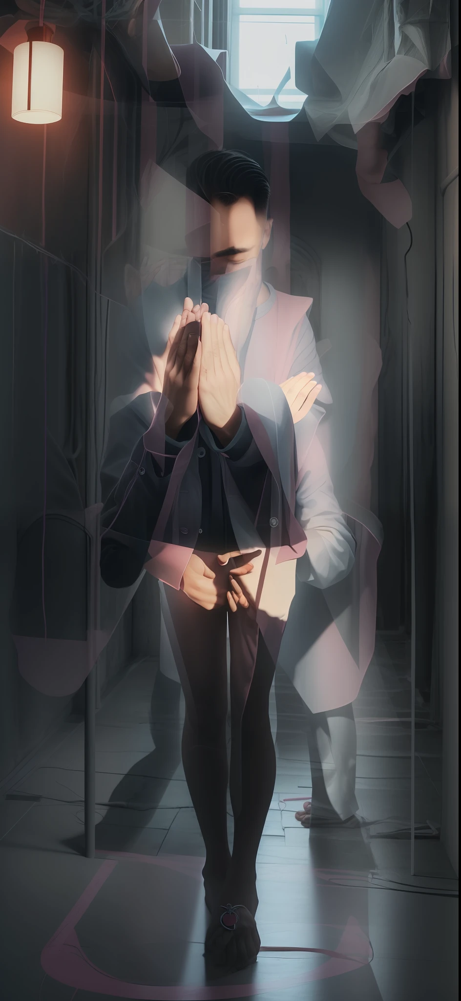 there is a man standing with his hands over his mouth, praying posture, doing a prayer, holding his hands up to his face, man standing in defensive pose, the walls are pink, hand over mouth, satisfied pose, closed hands, frontal pose, indistinct man with his hand up, solemn gesture, praying, prayer hands