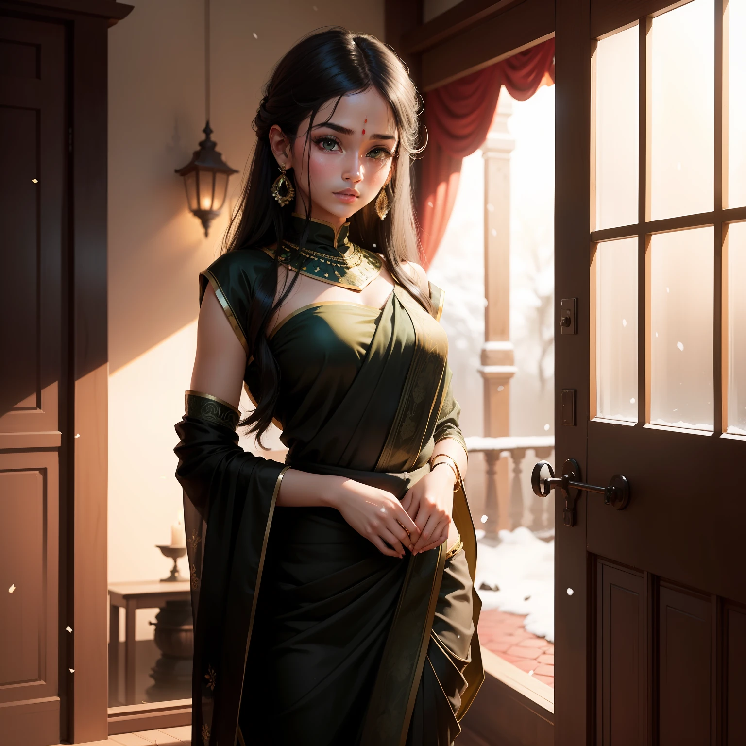 a girl in a black sari posing for a picture, light tone beautiful face, innocent face, cute beautiful, attractive girl, green colored skin!!, very extremely beautiful, an elegant red, very beautiful girl, very very beautiful, very beautiful, black clothes, traditional beauty, very beautiful enga style, with lovely look, greenish tinge, candid picture, beautiful design, snowfall, fire fly