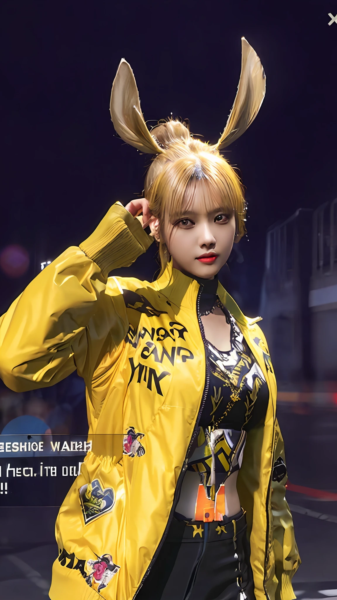 a close up of a person in a yellow jacket and a black top, fashion gameplay screenshot, realistic, ultra detail