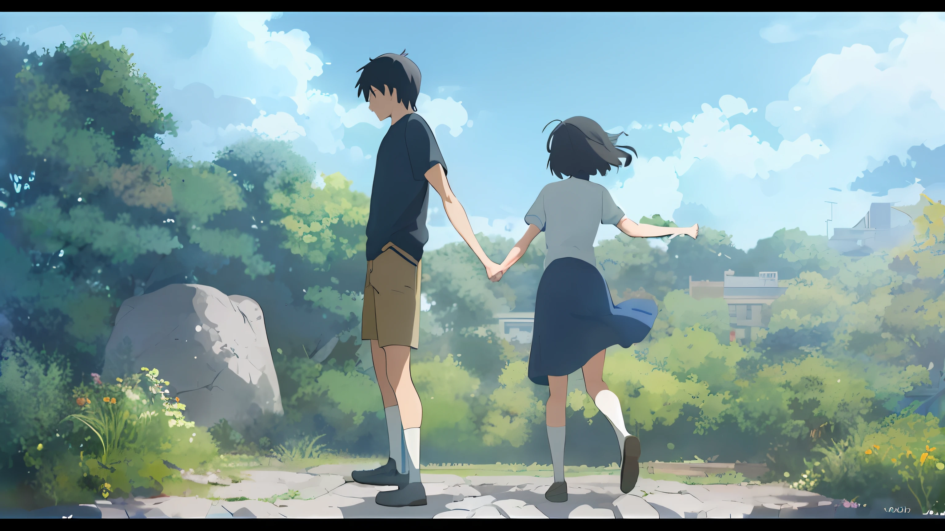 Anime scene of girl and boy standing on stone wall, your name movie style, makoto shinkai movie, Your name, Fiona Staples e Makoto Shinkai, studio ghibli sunlight, ( ( Makoto Shinkai ) ), anime movie scene, in the style of makoto shinkai, Makoto Shinkai's style, anime movie screenshot, Shinkai Makoto style