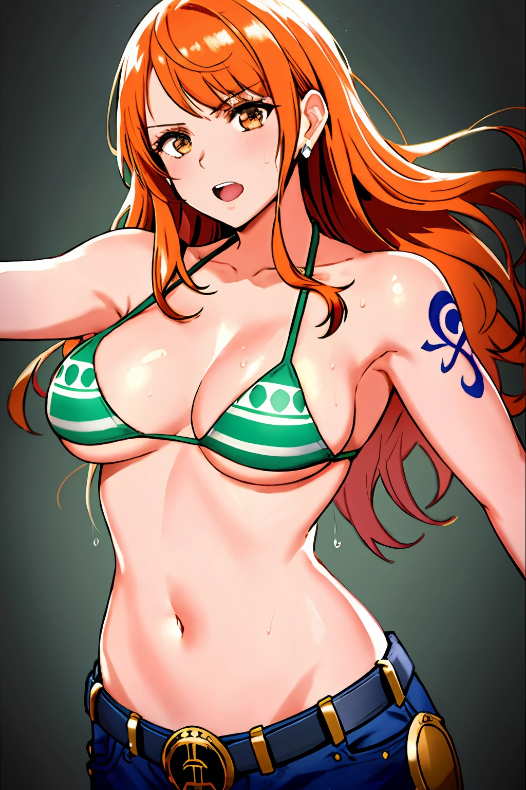 detailed background, wrestling stage, masterpiece, 4k, holding ring robes, leaning on turnbuckle, epic, best quality, late youth, adult, wrestler body, strong, 1girl, active, energic, (large mouth) , solo, nami \(one piece\), 1girl, bangle, (very wet, drenched in sweat, sweat all over body, very wet hair, tired, open mouth, exhausted, shouting, sweaty face, sweaty body, sweating too much, shiny sweat, leaning, serious, glaring, open eyes, perfect detailed face, round face, sweat on face) bold drawing lines, muscular arms, detailed bold arm lines, flat jaw, adult woman, wavy wide streaked bangs, floating bang, (big cheeks), bare shoulders, belt, bikini, bikini top only, bracelet, springy breasts, breast lines, big round eyes, very big brown shiny eyes, high eye position, cleavage, denim, earrings, floating hair, shiny hair, green belt, green bikini, bold groin lines, jeans, jewelry, medium breasts, log pose, long hair, looking at viewer, big navel, wet hair, orange hair, pants, shoulder tattoo, sidelocks, solo, standing, stomach, swimsuit, tattoo , looking at viewer, open mouth, detailed left arm, big forehead, hourglass figure, small head, toned body, wide hair, wind effect, narrow small ears angle, older, random poses,