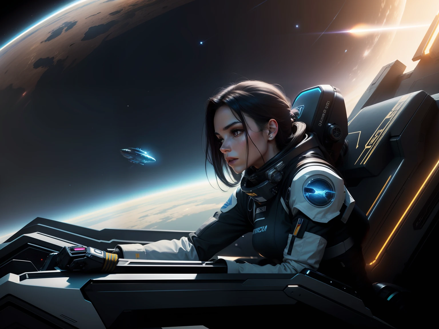 A very long shot of a vibrant cinematic photo of a female space adventurer in deep space super sleek futuristic spaceship design of the future look at the intrepid commander of space adventurer in her planetary pursuit , octane render, high quality star sailor woman hyperdetailed space transport, dark forbidding planet system 24k photorealistic