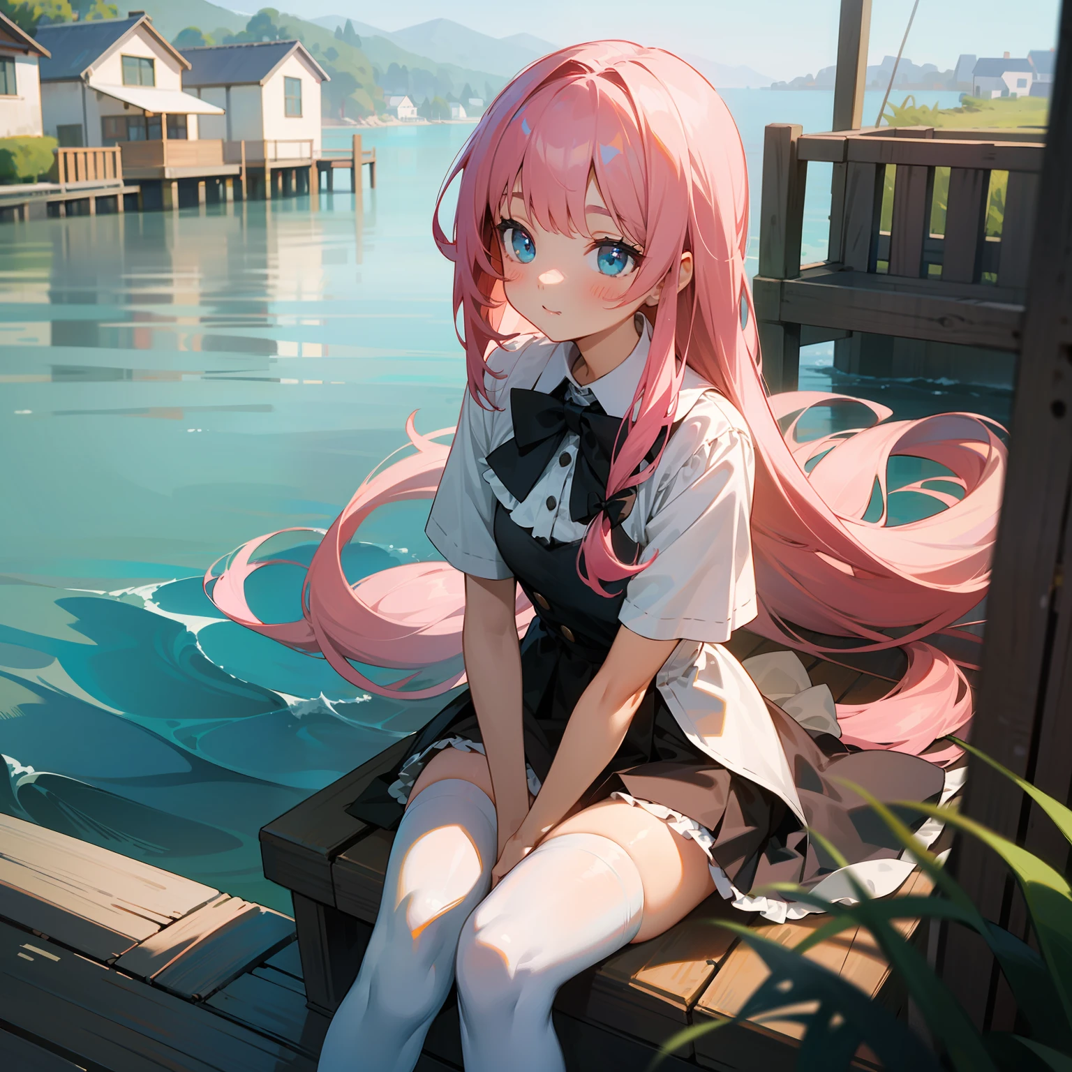 Sea side cottage in the afternoon,Cute pink long hair girl,Wear a black bow tie,dual horsetail,JK,white stockings