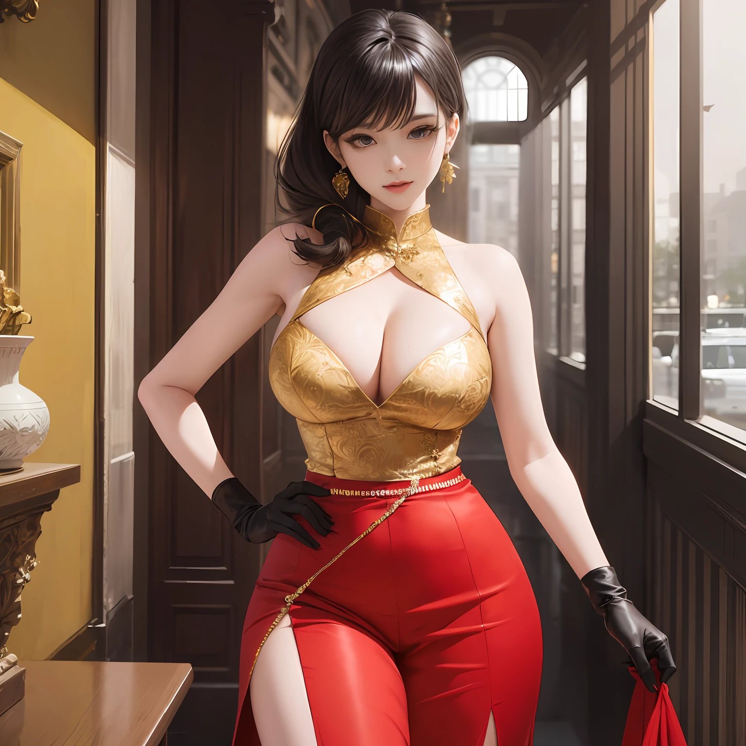 tmasterpiece, best qualtiy, A high resolution, (realisticlying:1.4), 耳Nipple Ring, (depth of fields:1.8), beautiful Korean girl, thigh gap, 1 rapariga, long whitr hair, pony tails, (独奏:1.1), red colour, (Slit skirt curtain:1.5),(Hällerneck T-shirt), ninjartist, ninjartist, exposed bare shoulders, gloves on the elbow, (looking at viewert:1.2), (ssmile:1.2), (full bodyesbian:1.), (in city:1.5), mediuml breasts, (pureerosface_v1:0.5), Thin waist and thick hips,Gold body proportions,plumw,ellegance,Raised sexy,Charming,big breasts enchanting,seductiv,Lovely people,Impeccable,big breasts beautiful,temperament,elegance,superior, --auto
