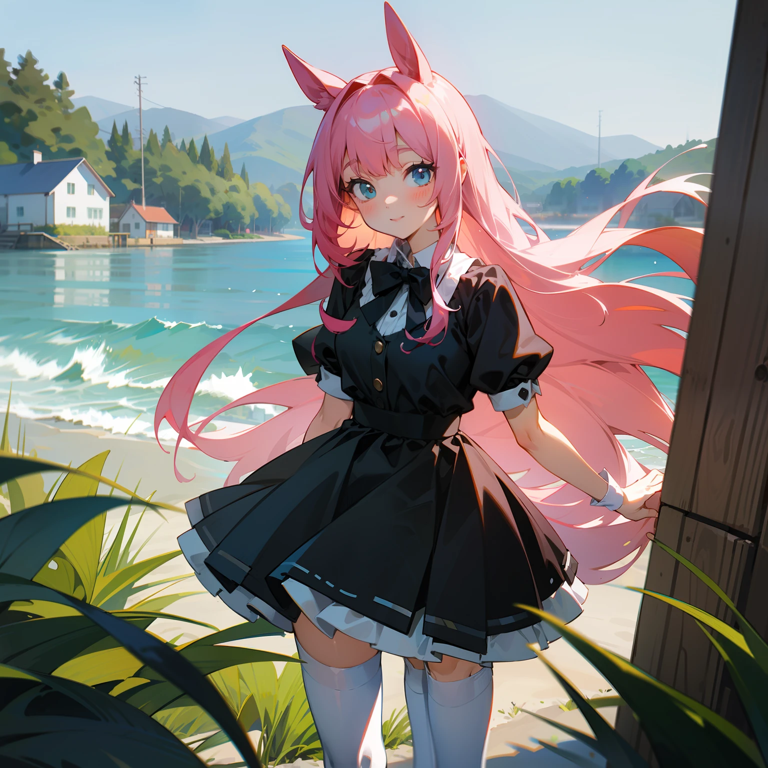 Sea side cottage in the afternoon,Cute pink long hair girl,Wear a black bow tie,dual horsetail,JK,white stockings