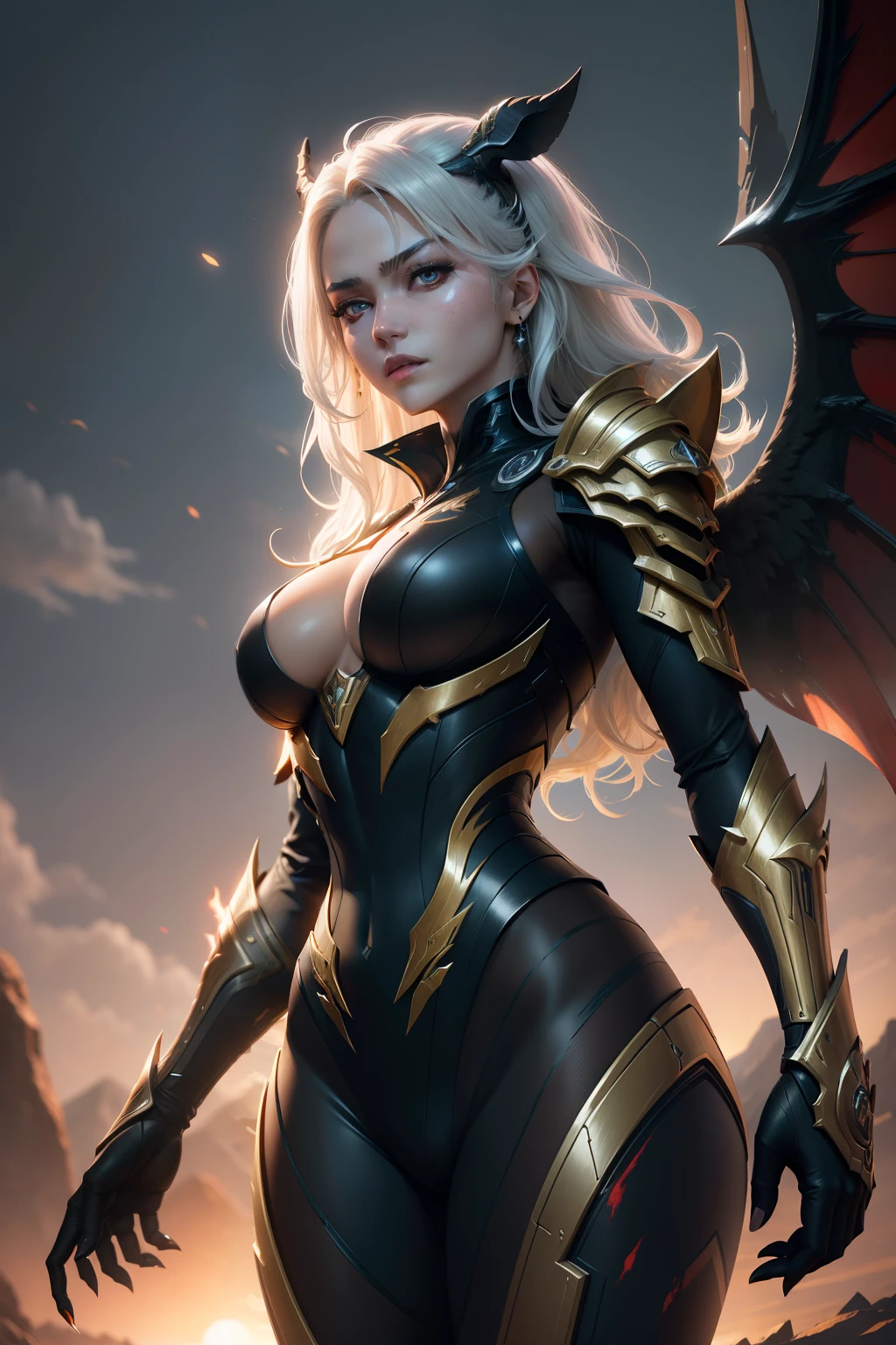 1 girl, glowing eyes, golden armor, reflective, sunshine , blue sky, dramatic lighting, (masterpiece:1.2), best quality, high resolution, beautiful detailed, extremely detailed, perfect lighting, 1 japanese, WARFRAME, prime,rhino prime,volt prime,saryn prime dynamic pose, intricate pattern, heavy metal, energy lines, faceless, glowing eyes, long silver hair, wind blown hair, elegant, intense, blood red and black uniform, bloody wings, solo, desert, sunny, bright, claws, dramatic lighting, (masterpiece:1.2), best quality, high resolution, beautiful detailed, extremely detailed, perfect lighting, zhongfenghua, from below