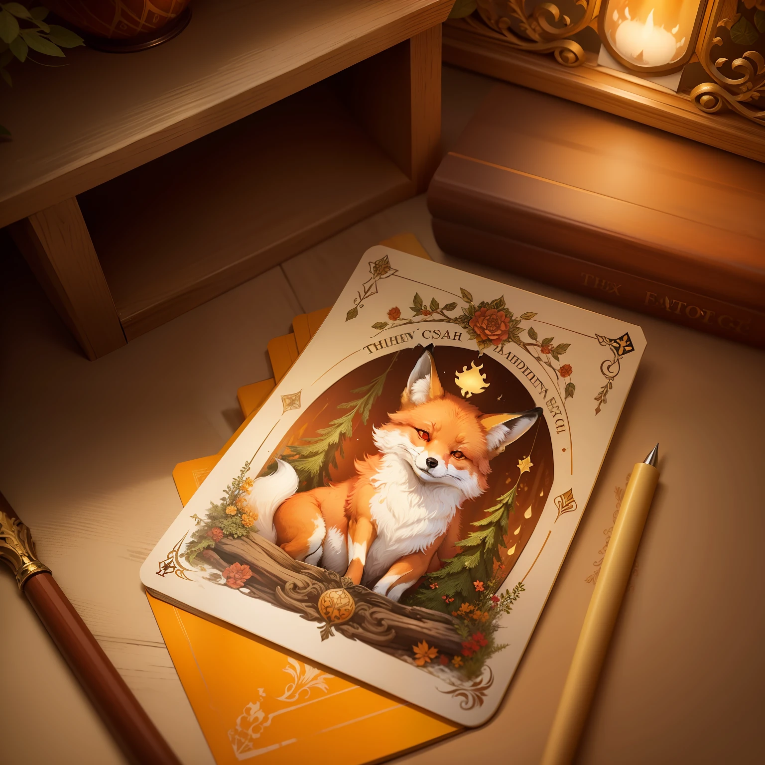 "cottage core, tarot art, classical and vintage feel, fox in a forest, yellow, red, orange, white, and brown tones"