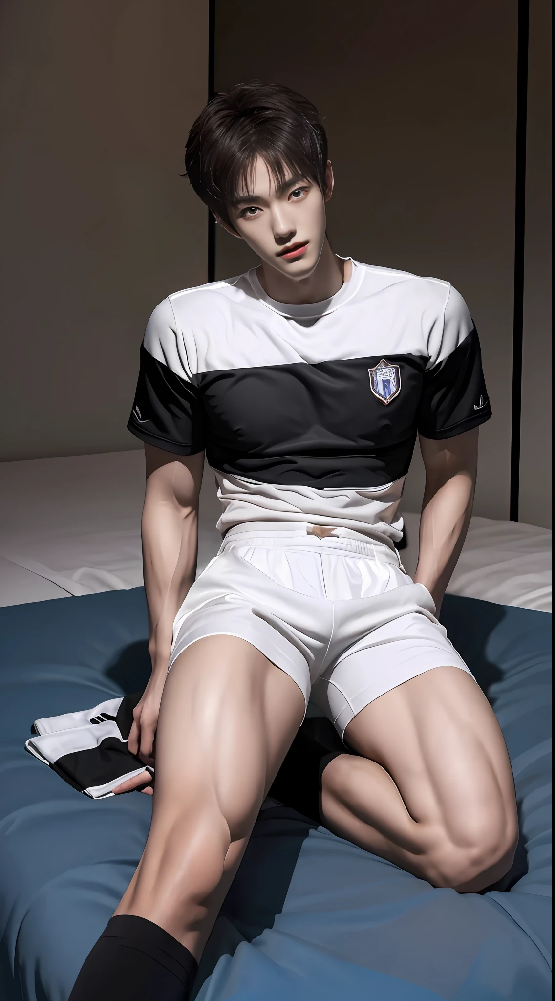（A lovely 16-year-old Shota：2），（Colored screen：1.2），solo person，（full bodyesbian：3），（Stay away from the lens：3），Expose your legs，（revealing the whole body：2），（Frontal heads-up view：1.2），malefocus，（looking at viewert），（Tall：3），（Tall guy：2），Super tall，（Height 300 cm：2），Excellent body proportions，（1.The shoulders are 5 times wider：1.2），（Slender straight legs：2.5），Slender feet，small heads，musculous，（Lovely and pretty：2），（The face of an anime man），（Very detailed beautiful face and eyes：2），（Big bright eyes：1.2），Sharp eyeliner，Clear and beautiful face，short detailed hair，（Correct facial features），（tilts your head：1.5），having fun，（ssmile：2），(White striped men's soccer uniform：2)，（Tight shorts），（Muscle firming：2），Strong，（Wide shoulders and narrow waist：2.2），Sports men's socks，Detailed muscle texture，Highlights muscle structure，At home，（kneels on the ground：4），（full length shoot），ultra-realistic realism, (Photorealistic detail), Incredible accuracy, lifelike textures, masterful technique, Jaw-dropping precision, artistic dedication，（anatomy correct），Good lighting，exquisite detailing，Best quality，stunning masterpiece，CG