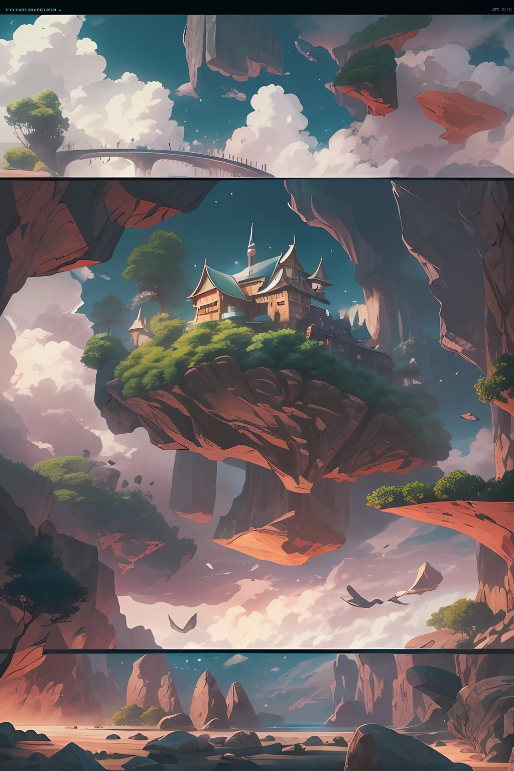 dynamic viewing angle，（levitating：1.5），（A city floating on huge rocks floating in the air：1.3），mirai，（Thick clouds under the rocks：1.4），in style of hayao miyazaki，Rejoice，Perfect quality，Clear focus（Clutter - home：0.8）， （tmasterpiece：1.2）， （realisticlying：1.2） ，（Bokeh：0.5）， （best qualtiy）， （detailedskin：1.3） ，（complexdetails）， （8K）， （detailedeyes） ，（Sharp focus），,（having fun），（Award-winning digital artwork：1.3） af （sketching：1.3），（with dynamism：1.3）,studiolight,Theme