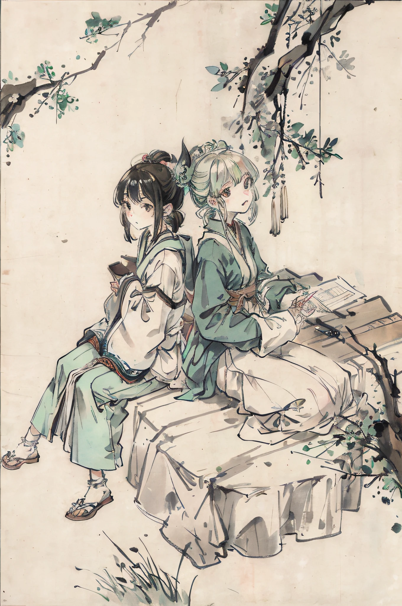 (Masterpiece, best quality: 1.2), traditional Chinese ink painting, green mountains, simple composition, (two people), sitting