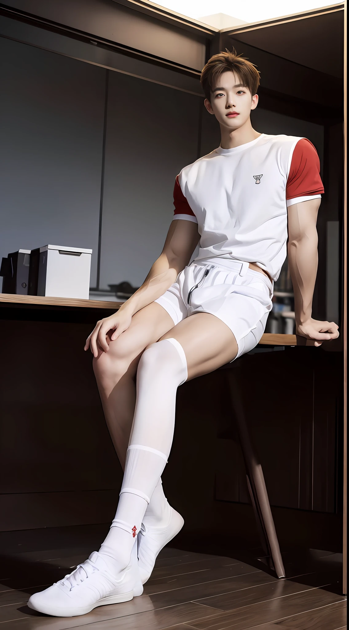 (A lovely Shota:2),(Colored screen:1.2),solo person,(full bodyesbian:3),(Stay away from the lens:3),Expose your legs,(revealing the whole body:2),(Frontal heads-up view:1.2),malefocus,(looking at viewert),16 yaers old,(Tall:3),(Tall guy:2),Super tall,(Height 300 cm:2),Excellent body proportions,(1.The shoulders are 5 times wider:1.2),(Slender straight legs:2.5),Slender feet,small heads,musculous,(Lovely and pretty:2),(The face of an anime man),(Very detailed beautiful face and eyes:2),(Big bright eyes:1.2),Sharp eyeliner,Clear and beautiful face,,exhilarated,(smiling expression:2),short detailed hair,(Correct facial features),(tilts your head:1.5),(White Boys' High School Uniform:2),(Tight shorts),(Muscle firming:2),Strong,(Wide shoulders and narrow waist:2.2),Sports men's socks,Detailed muscle texture,Highlights muscle structure,In school,(Sit up straight at your desk:4),(full length shoot),ultra-realistic realism, (Photorealistic detail), Incredible accuracy, lifelike textures, masterful technique, Jaw-dropping precision, artistic dedication,(anatomy correct),Good lighting,exquisite detailing,Best quality,stunning masterpiece,CG