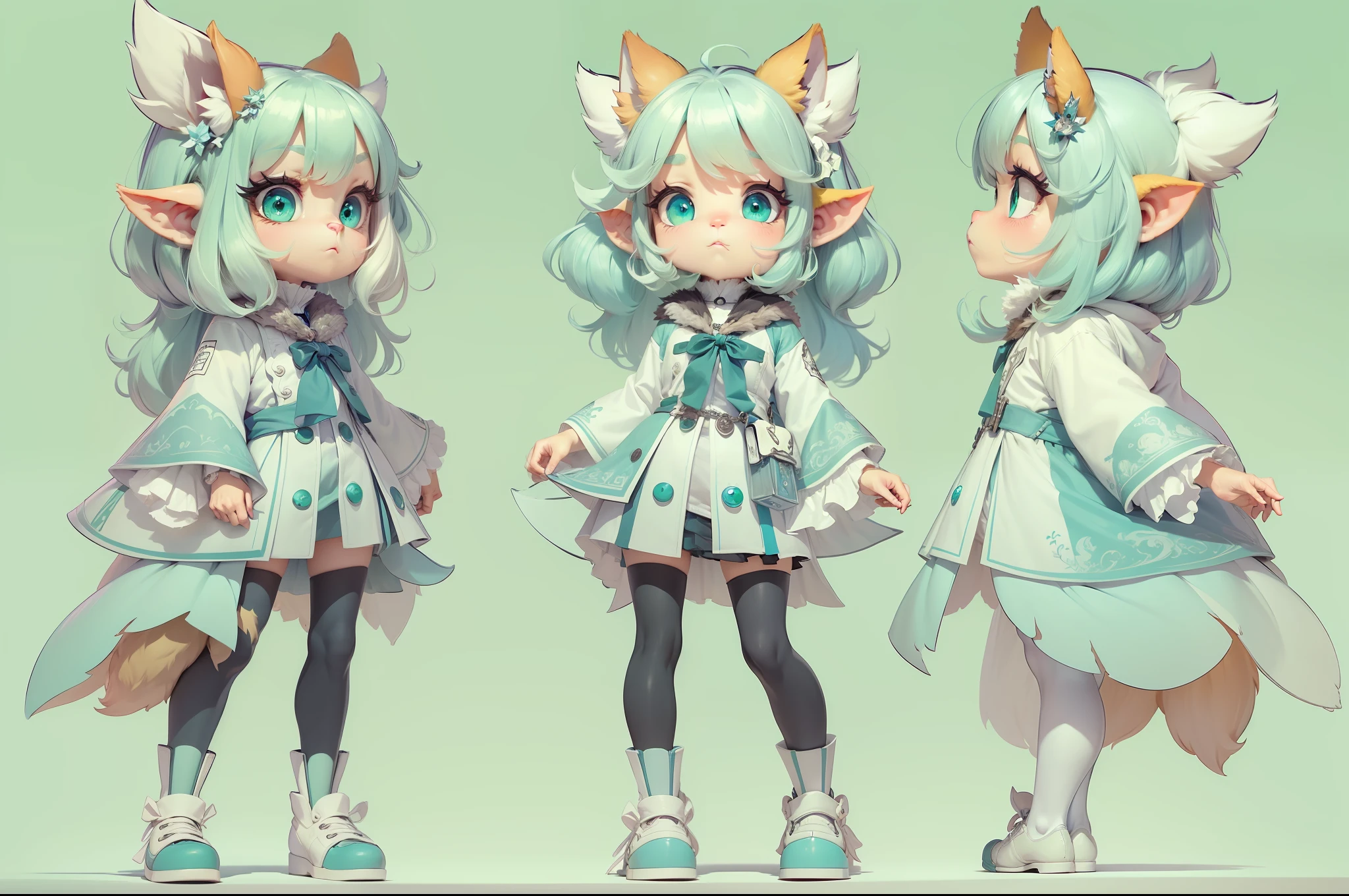 ((masterpiece)),(((best quality))),(character design sheet,Same role,frontage,Lateral face,on  back),illustration,Beast costume,furry,beast ear,Heterochromic pupils，a plush,(hair color,cyan colors,pastel green,white colors),largeeyes,The environment changes,hairstyle fax，female pervert，（simplebackground，white backgrounid：1.3）